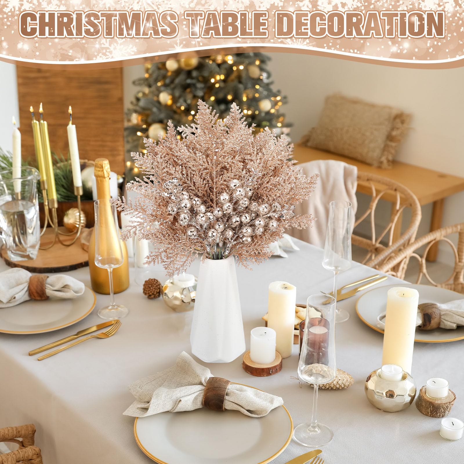 Cindeer 80 Stück Champagner Gold Weihnachten Glitzer Beeren Stiele Tannennadeln Weihnachten Künstliche Picks Fake Floral Zweige Spray für Weihnachtsbaum Ornamente DIY Kranz Girlande Dekorationen