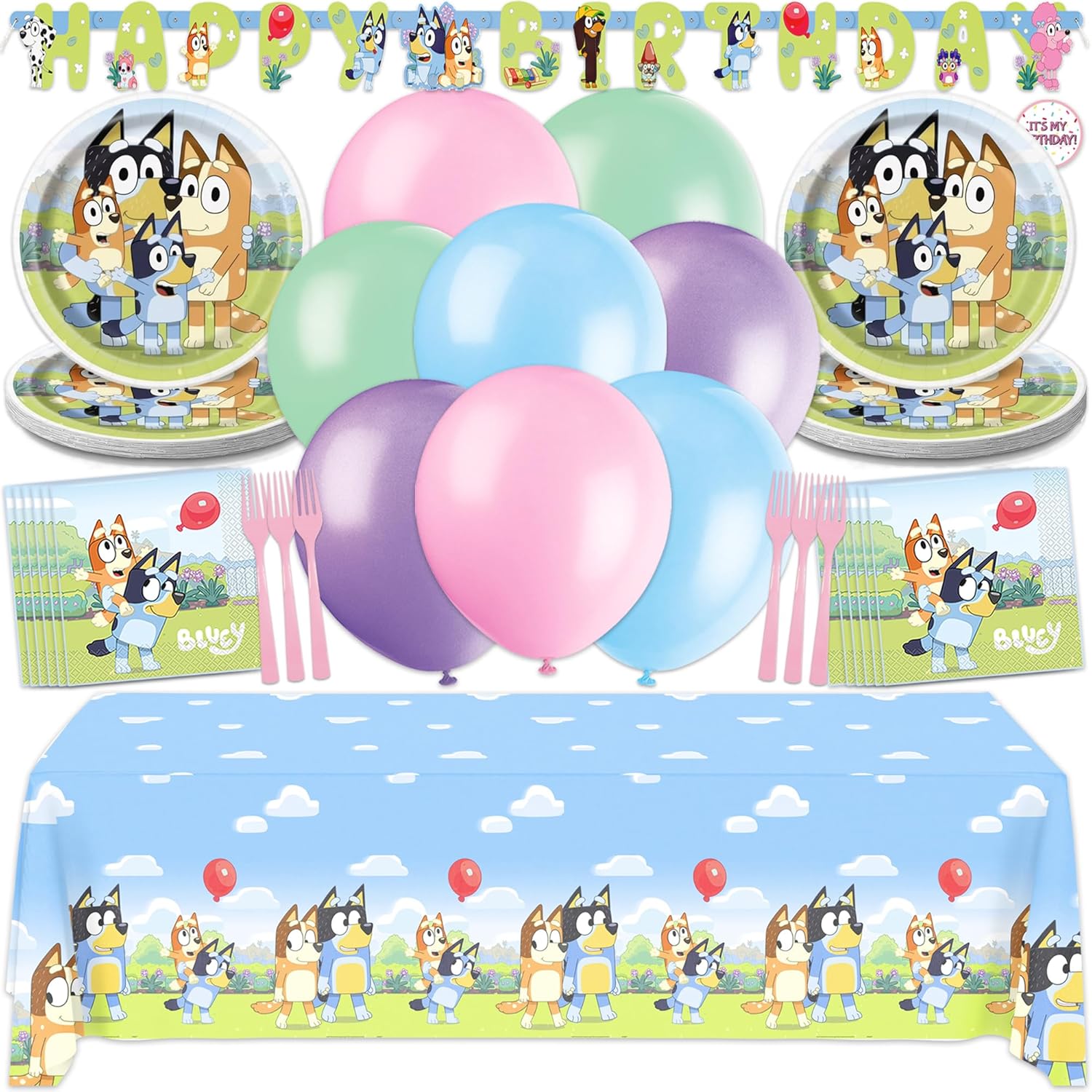 Bluey Birthday Decorations Girl Party Supplies for 16 - Bluey Party Decorations with Banner, Tablecloth, Balloons, Plates, Napkins, Forks, Sticker - Officially Licensed