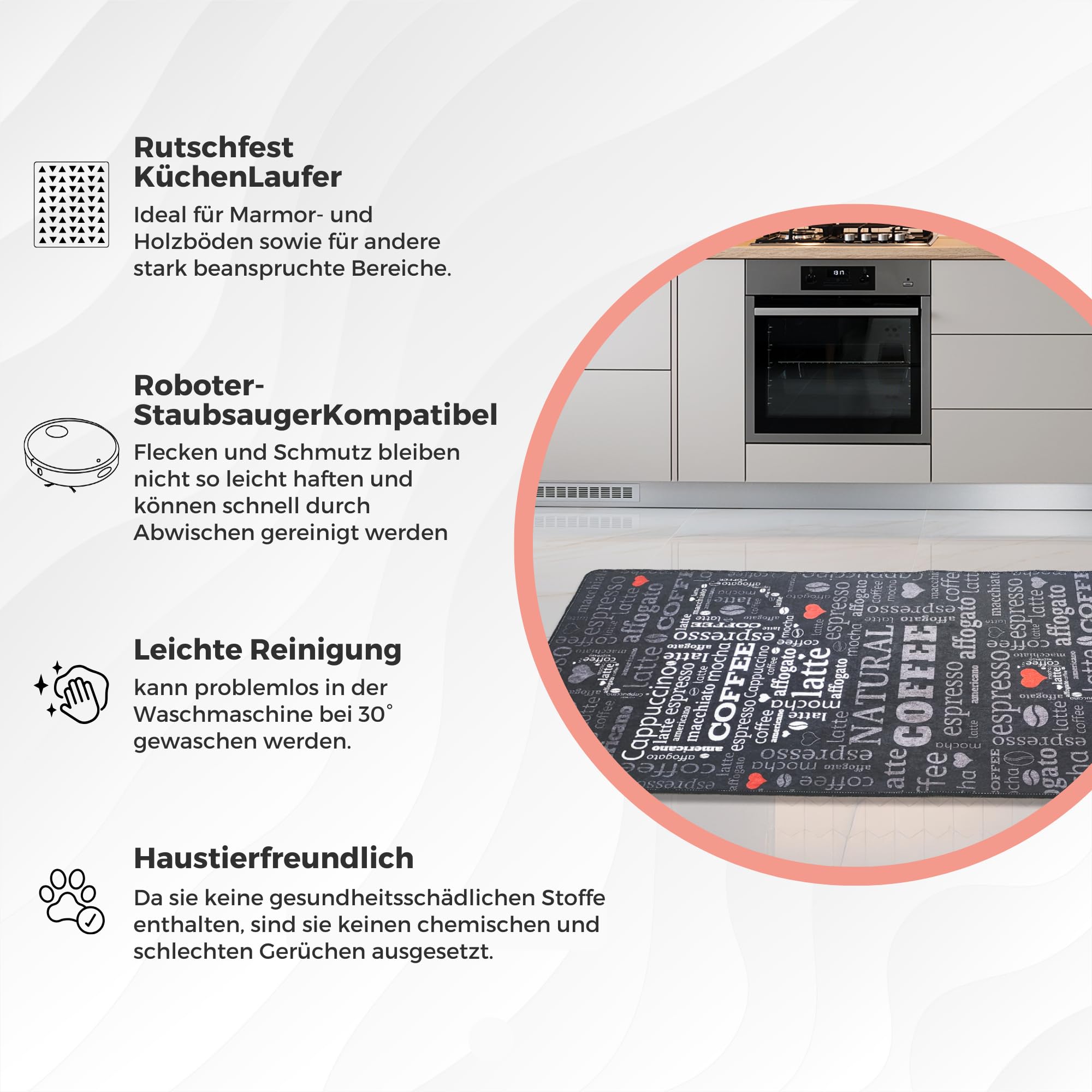 Teppich Moderner Küchenteppich Gel Läufer Küchenläufer Grau Weiß Schwarz mit rutschfestem Bodenmuster mit Schriftzug Coffee Macchiato (Schwarz, 100 x 200 cm)