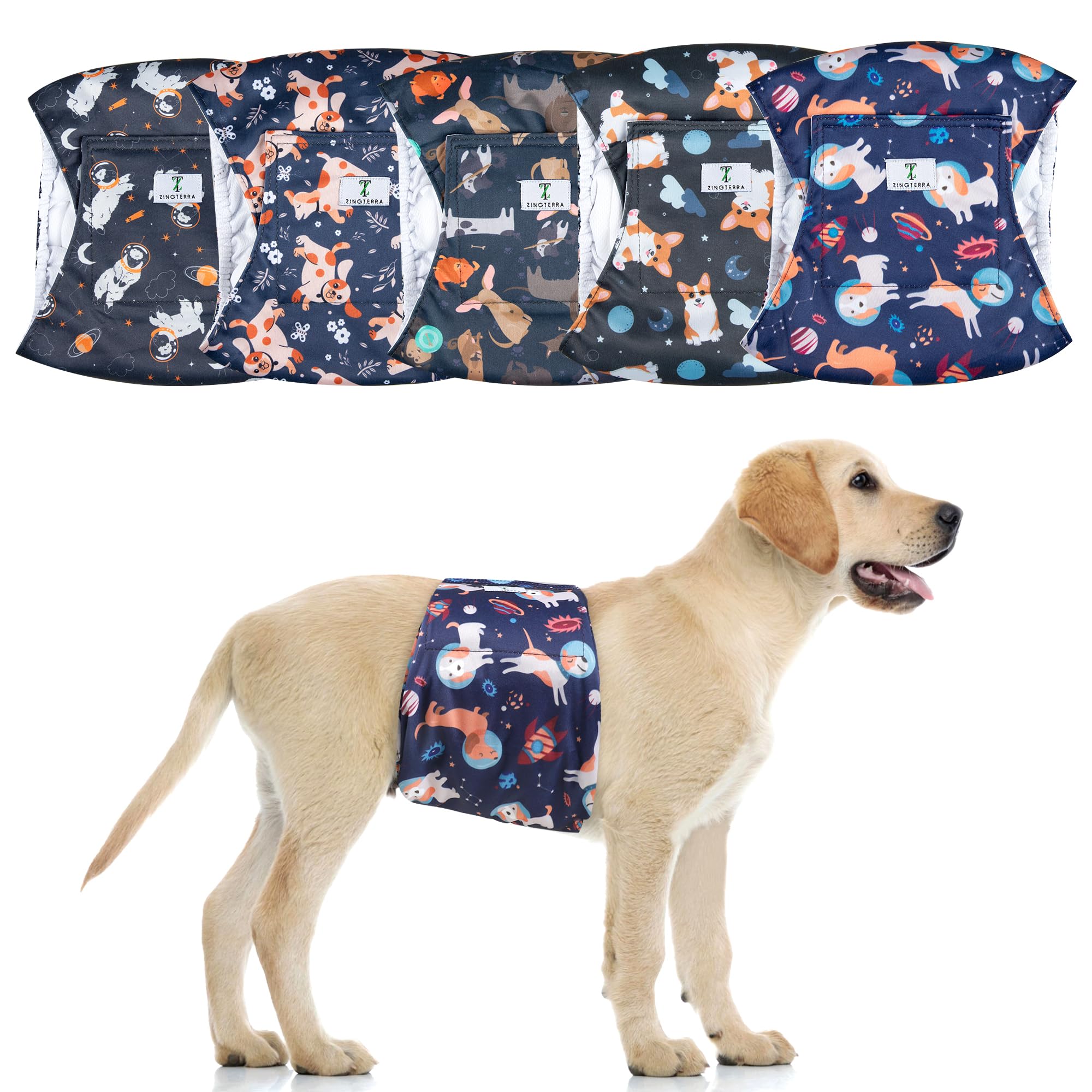 Hundewindeln für Rüden, wiederverwendbar, auslaufsicher, weich, hohe Saugfähigkeit, breiteres waschbares Bauchband für Inkontinenz und Welpentraining, 5 Stück