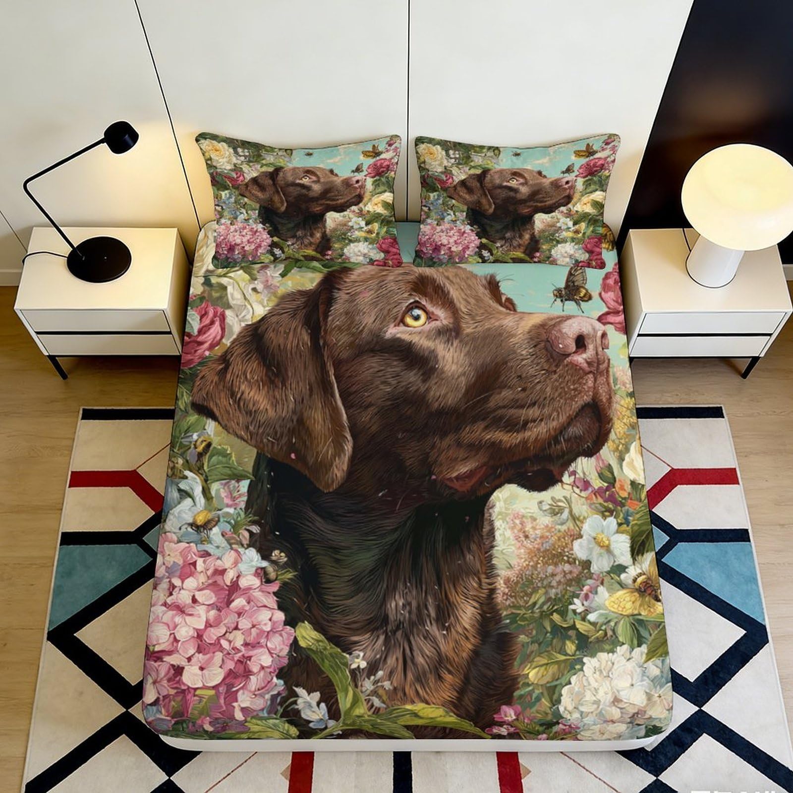 3D Printed Brown Labrador Fitted Sheet Microfiber Soft Floral Mattress Cover for Bedroom Dorm Modern Decor 90x200x25cm