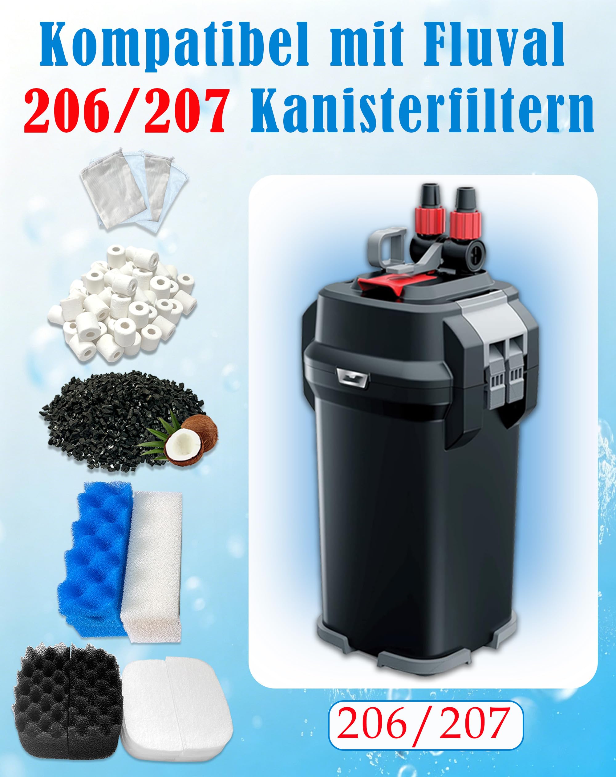 Juego de 24 filtros de acuario compatibles con filtros Fluval 206/207, filtro de espuma orgánica de repuesto, carbón activado y anillos de cerámica (juego de 2 para el cuidado regular)