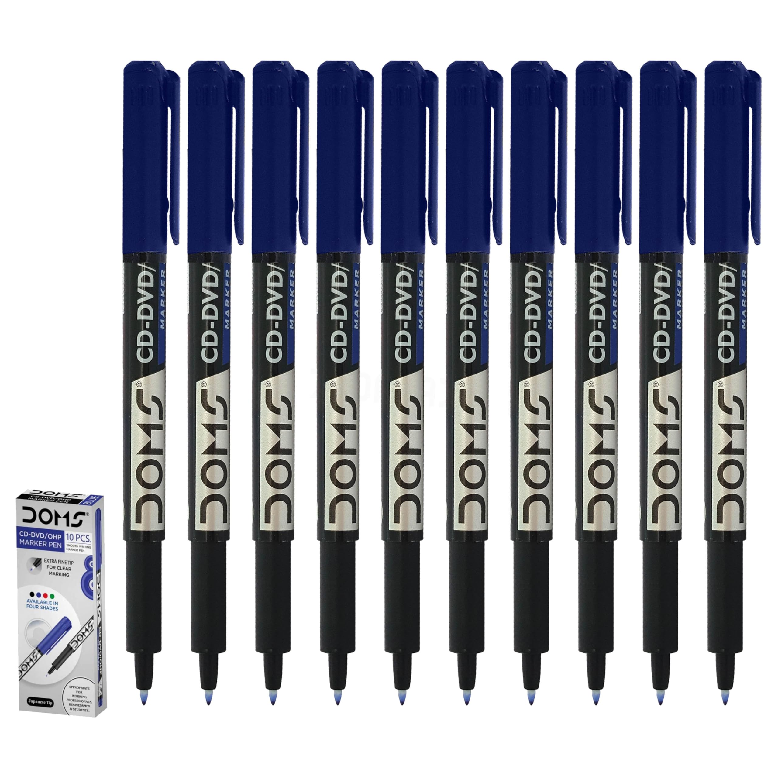 DOMFine Permanent Marker Pens, BLUE, Pack of 10, Extra Fine Tip CD/DVD Markers, Write on Most Surface, Waterproof Ink, Quick Dry, iZOFAX Black Ball Pen