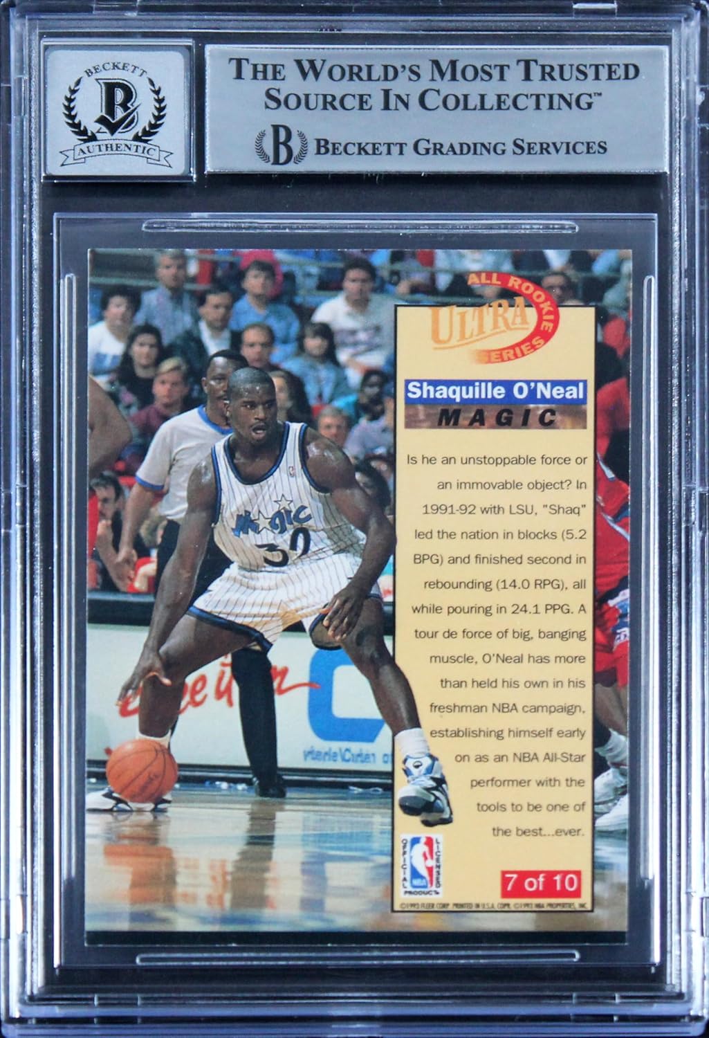 Lakers Shaquille O'Neal Signed 1992 Ultra All-Rookies #7 RC Auto 10! BAS Slabbed
