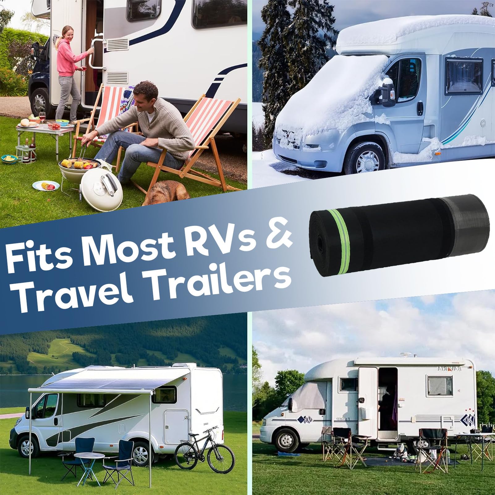 RV-winterafrokking – 31,5 inch hoog – Wind- en sneeuwbestendig en geïsoleerd – Met reflecterende strook en stalen gaas aan de onderzijde – Voor stacaravans en toercaravans. 22m/72ft