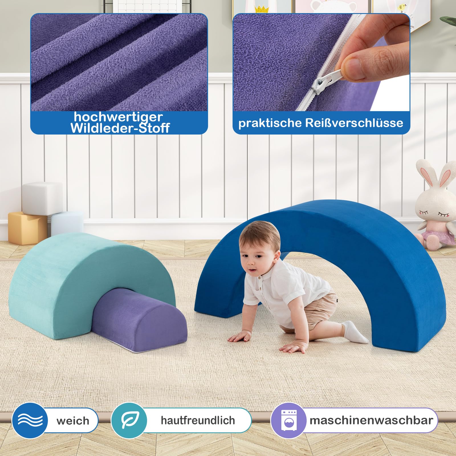 COSTWAY 3-TLG. Softbausteine, Schaumstoffbausteine zum Klettern und Krabbeln für Babys, Kletterbogen, Riesenbausteine aus Schaumstoff, Großbausteine für den Innenbereich (Blau)