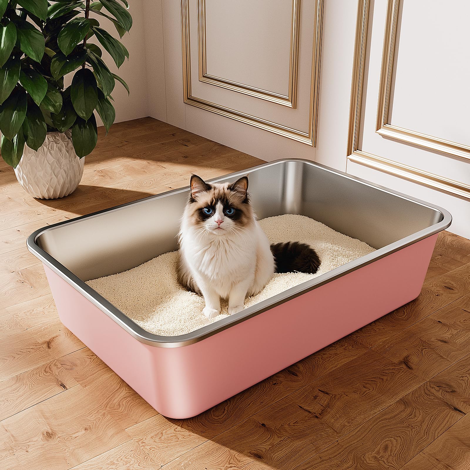 Stainless Steel Cat Litter Tray, Cat Litter Box for Large Small Cats, High Sided Metal Litter Tray, Cats Toilet for Kitten Rabbit and Guinea Pig, Non-Stick, Odor-Free (Pink, 23.4"L×15.6"W×5.9"H)