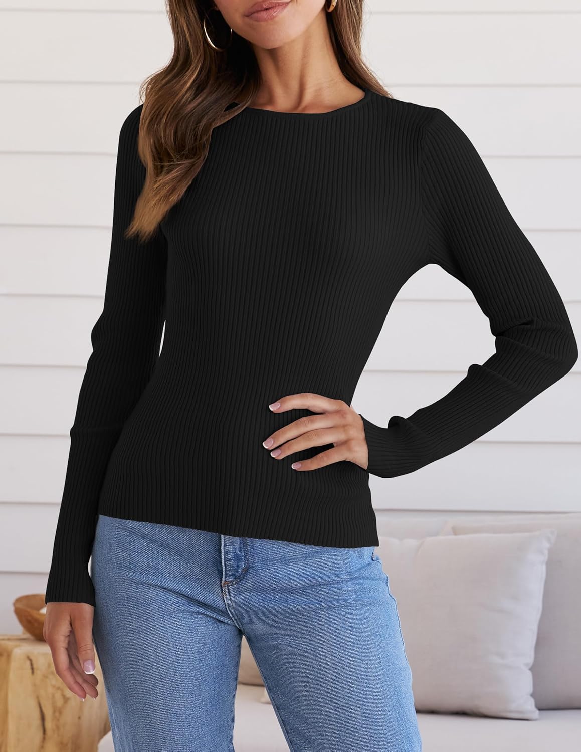 ZESICA Women's Long Sleeve Crewneck Shirts 2026 Spring Ribbed Knit Sweater Slim Fitted Casual Basic Tee Tops - Image 3