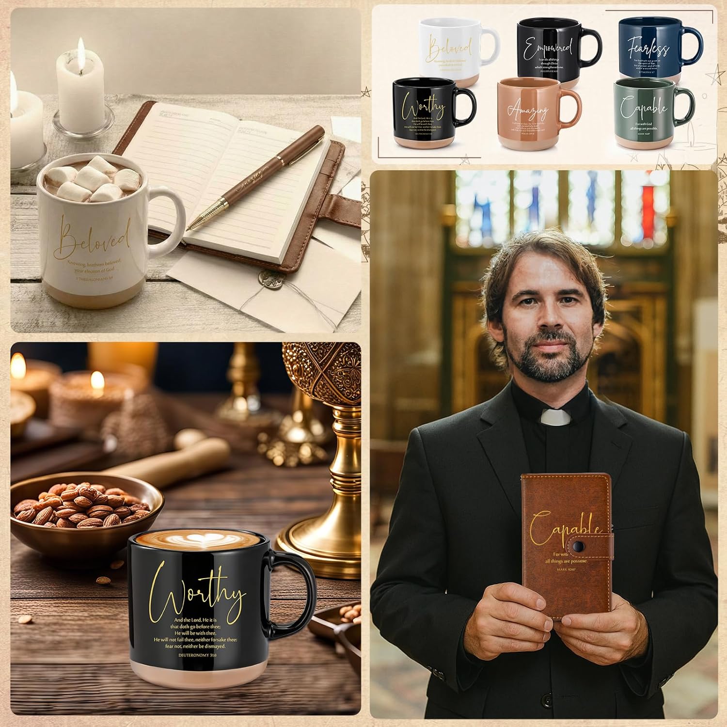 18 Pcs Christian Gift Set for Women Men, 13oz Bible Verse Ceramic Coffee Mugs with Leather Journal Pen Inspirational Religious Gifts for Office Coworkers Pastor Church (Bible,Neutral Brown)