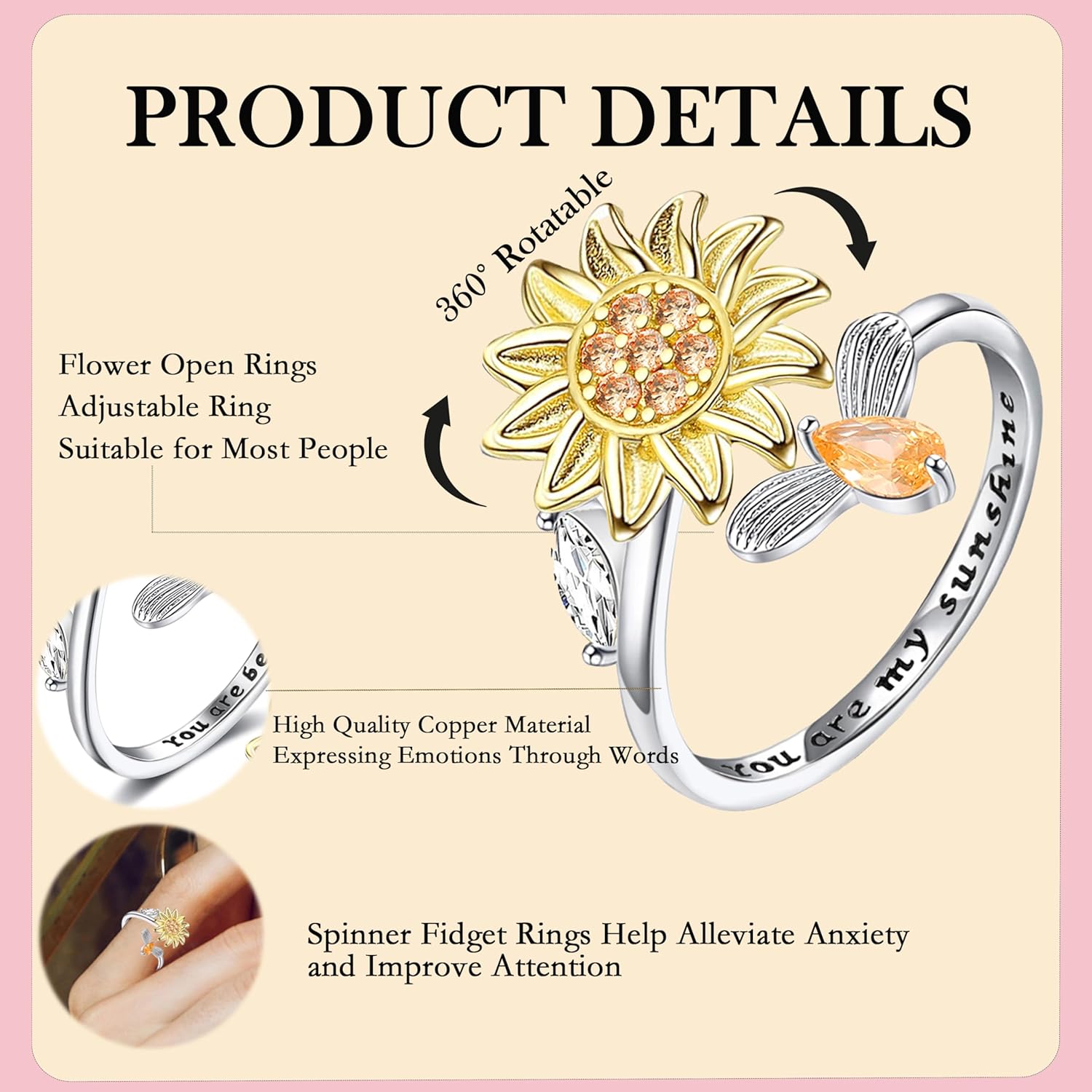 Honsny Fidget Rings for Women, Spinner Fidget Ring Set, Sunflower Butterfly Bee Star Moon Relief Spinning Rings for Adults - Image 5