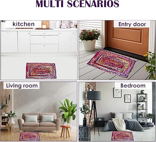 Miniatura 5 de Eleet Alfombra de algodón vibrante, 2 x 3 pies, multicolor, trenzada a mano, reversible, los colores pueden variar (2 x 3 pies de algodón