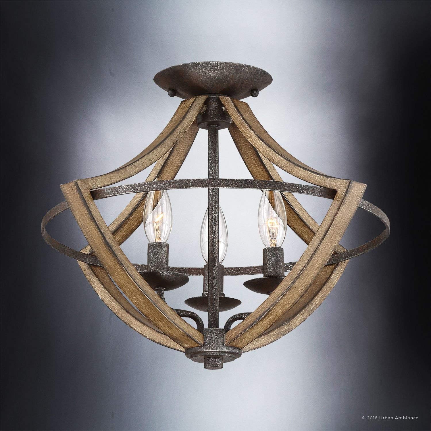 Urban Ambiance Luxury Farmhouse Ceiling Light, Medium Size: 12.5" H x 16.5" W, with Rustic Style Elements, Wood Grain Metal with Antique Black Finish, UQL2963, Swansea Collection