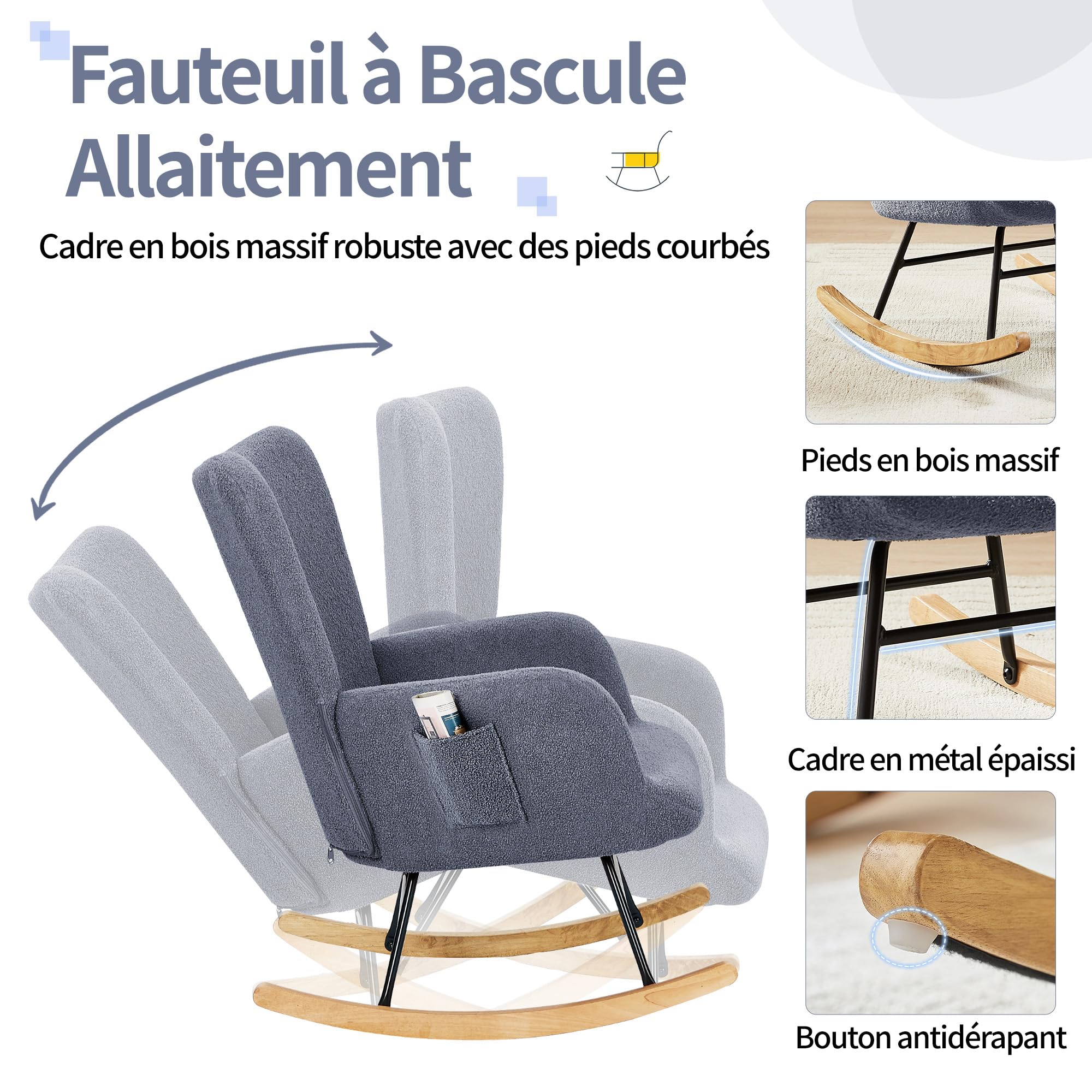 VECELO Fauteuil à Bascule Allaitement Moderne en Tissu Bouclé, avec Dossier Haut, Accoudoirs et Poche, Structure en Acier, Pieds en Bois Massif, pour Chambre, Salon