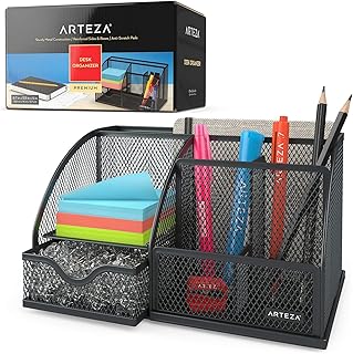 Arteza Organizer Scrivania in Metallo a Rete Nero con Cassetto, Design Multi-Funzionale da Tavolo a 6 Scomparti Porta Forniture e Accessori per Ufficio come Penne, Matite, Notes, Pinzatrice e Forbici
