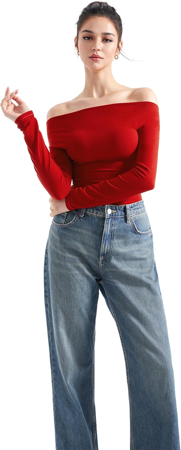 SUUKSESS Women Long Sleeve Off Shoulder Tops Trendy Cowl Neck Going Out Shirt for Fall - Image 2