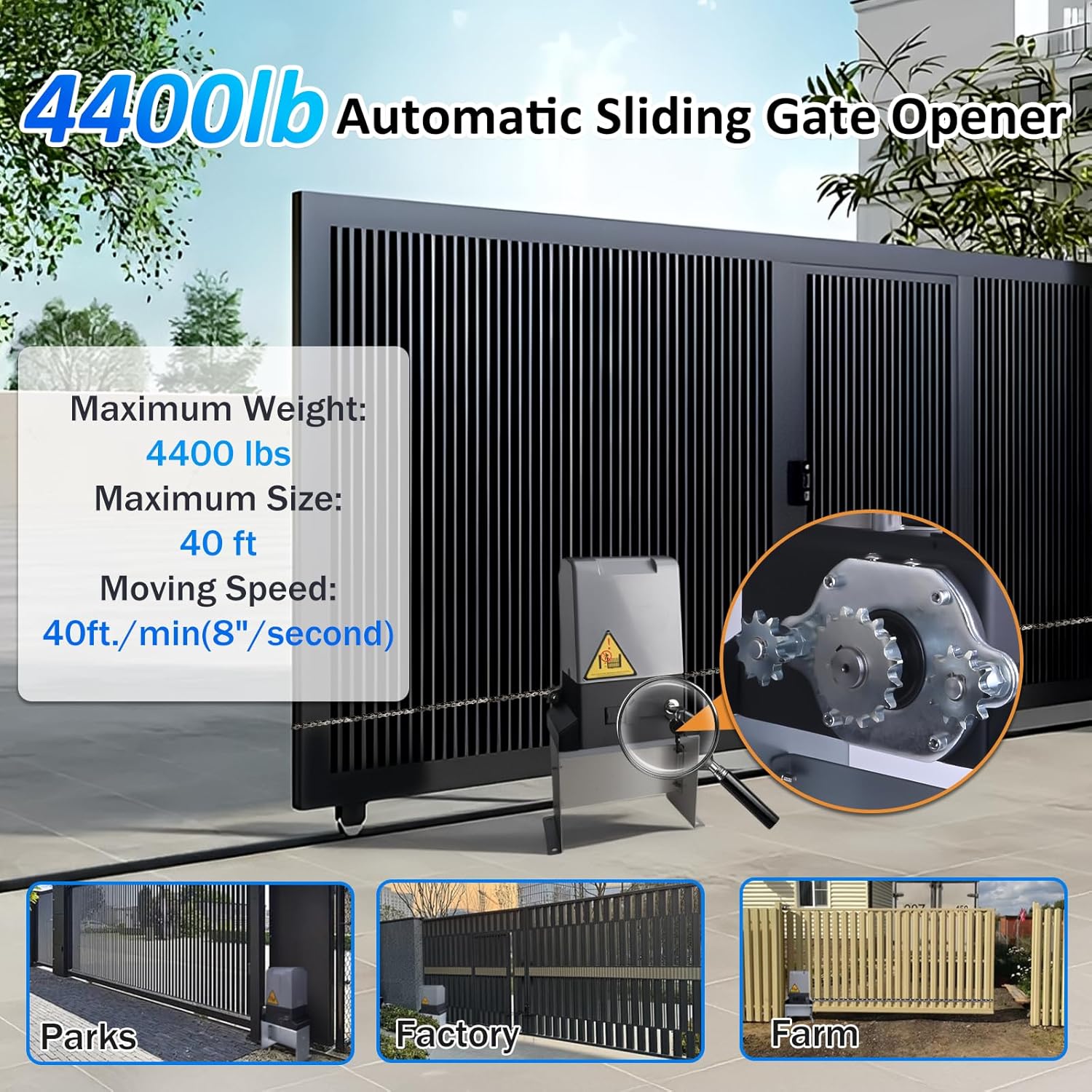 Sliding Gate Opener, 4400lbs Automatic Sliding gate Opener with 4 Remote Control & App Control, 750W Electronic Gate Motor for up to 40ft Sliding Gate with Wireless Keyboard