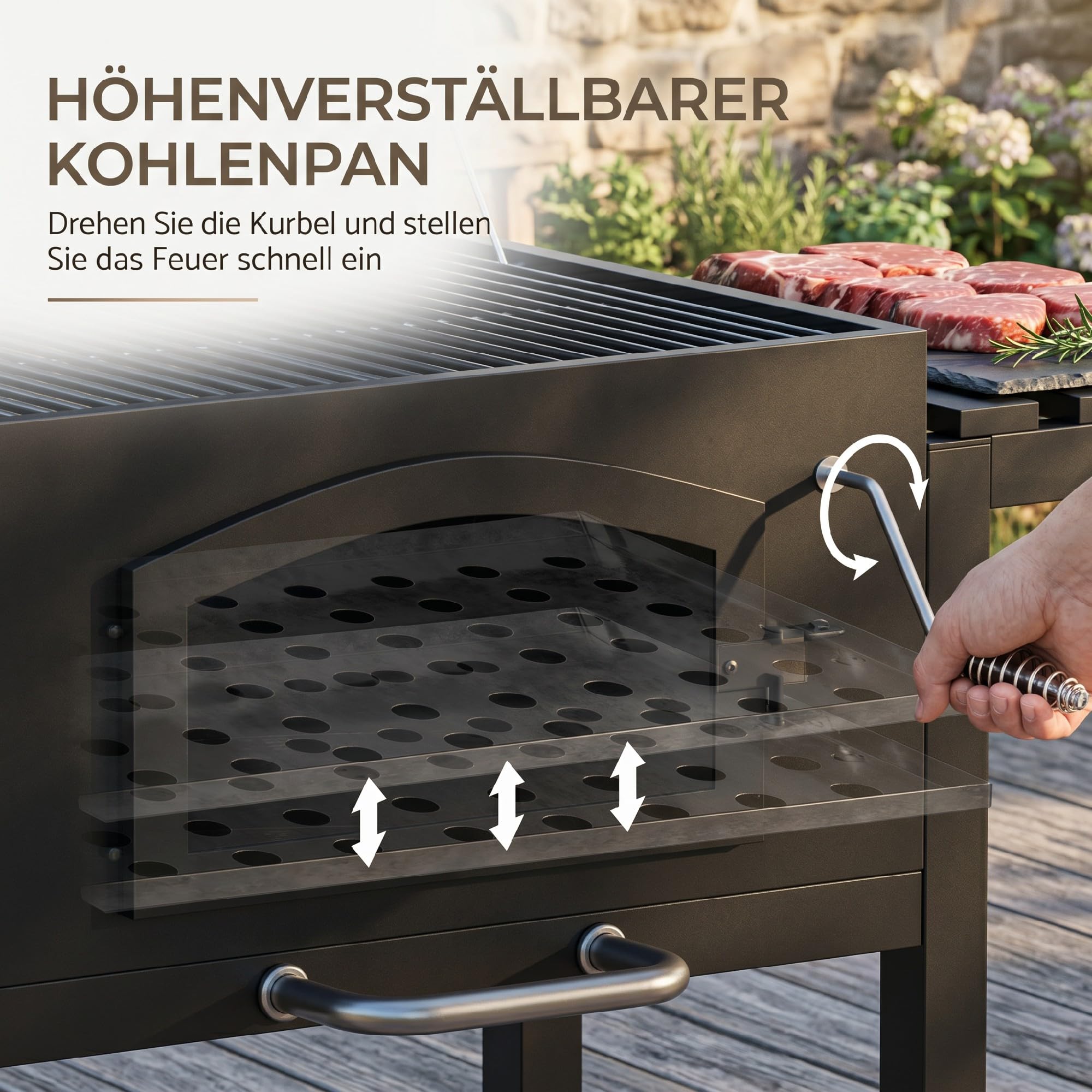 Outsunny Barbacoa de carbón vegetal con tapa y estantes, parrilla de pie con estantes para ahumar, placa de calentamiento, ruedas de transporte para fiestas en el jardín, metal, 124 x 66 x 112 cm
