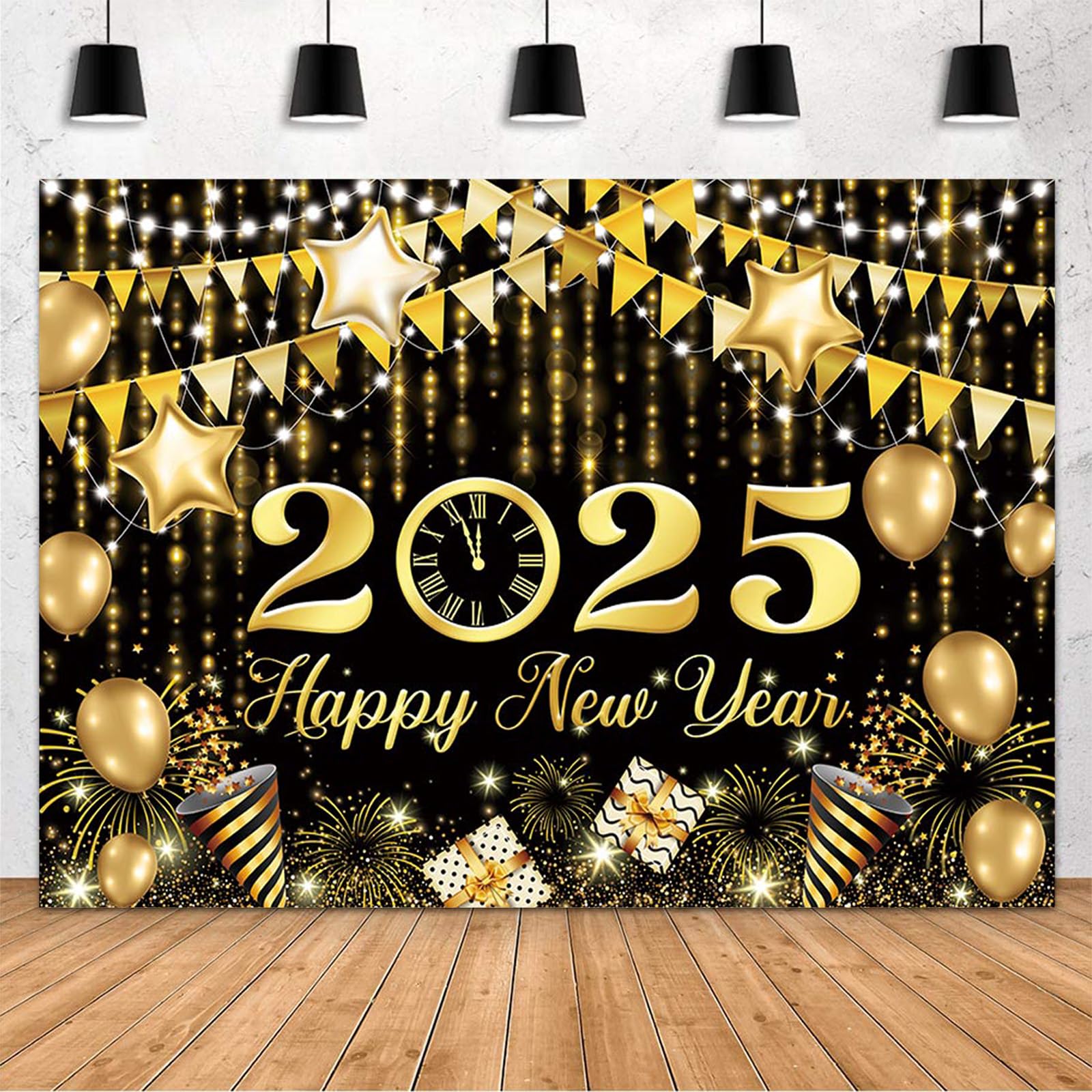 2pack MEHOFOND Black and Gold Happy New Year Backdrop Countdown Party Hello 2025 Gold Bokeh Glitter Balloons Firework Photography Background Cheers to The New Year Xmas Eve Decor Supplies Photo Booth Props