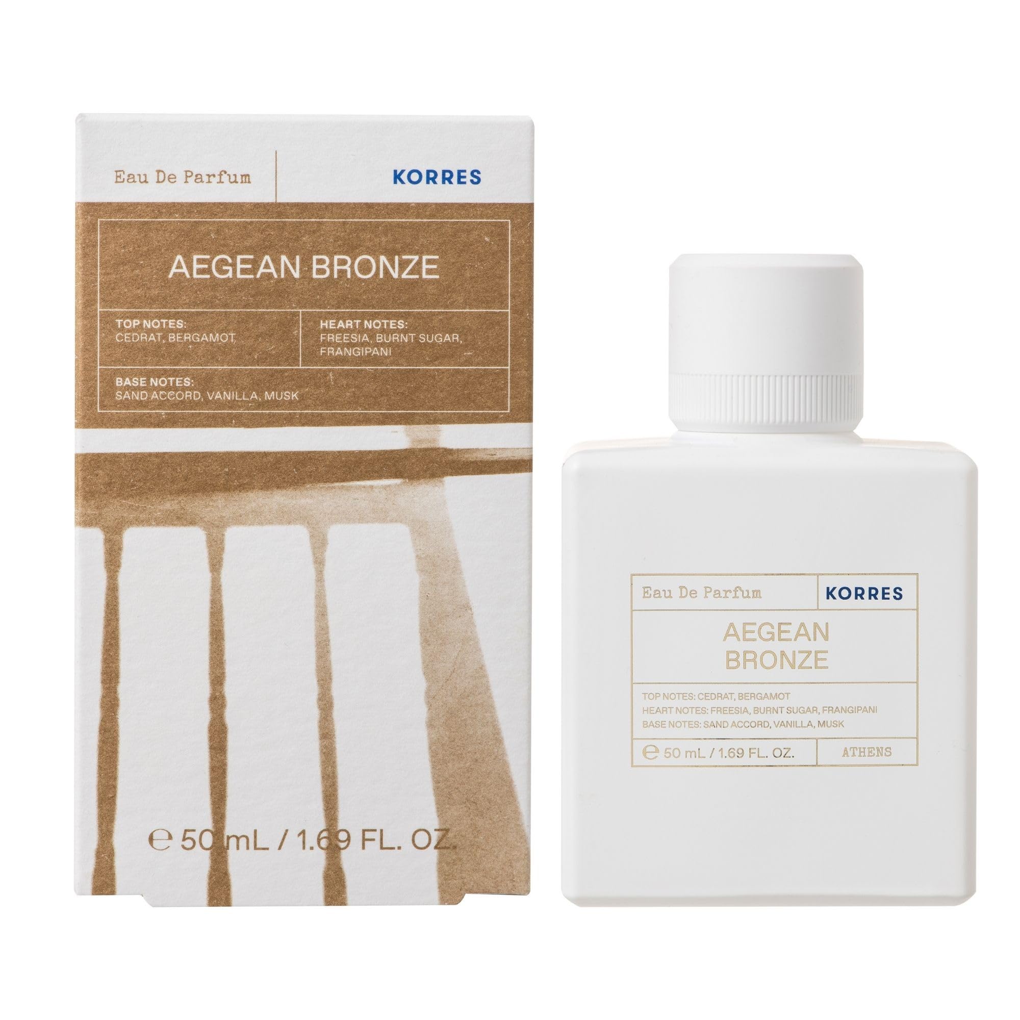 Eau de Parfum 50ml Aegean Bronze | Parfum vegan aux notes de bergamote, frangipanier, sucre brûlé et vanille. Sillage lumineux et longue tenue.