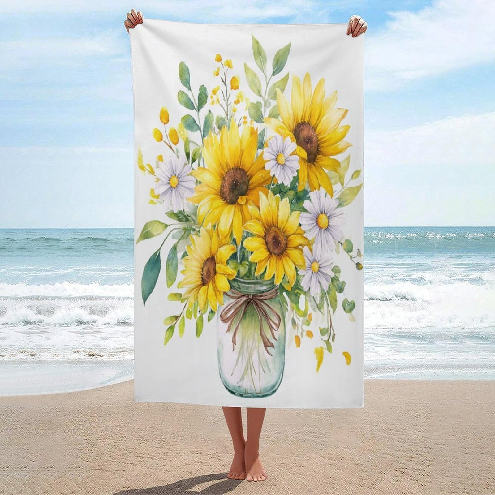 LSRCPD Glass Vase with Yellow Sunflowers White Daisies Beach Towel Sand Free Microfiber Large Shower Towels Multipurpose Absorbent for Bathroom Pool 130x80 CM
