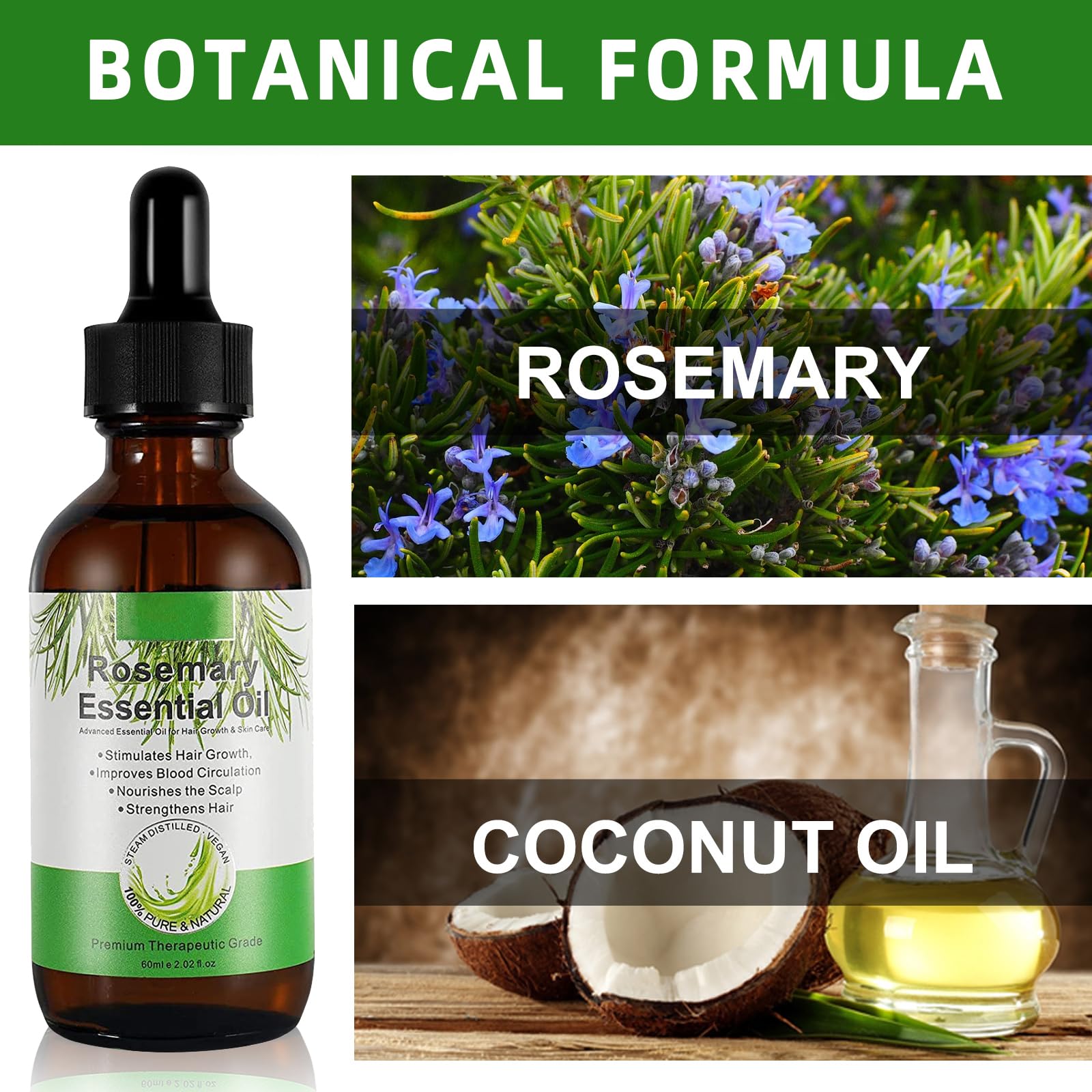 Aceite de Romero Para el Cabello, Aceite de Romero Para Mujeres y Hombres, Orgánic Rosemary Oil de La Piel, Cejas, Pestañas, Nutre el Cuero Cabelludo y Estimula el Crecimiento del Cabello (60ML) — view 2