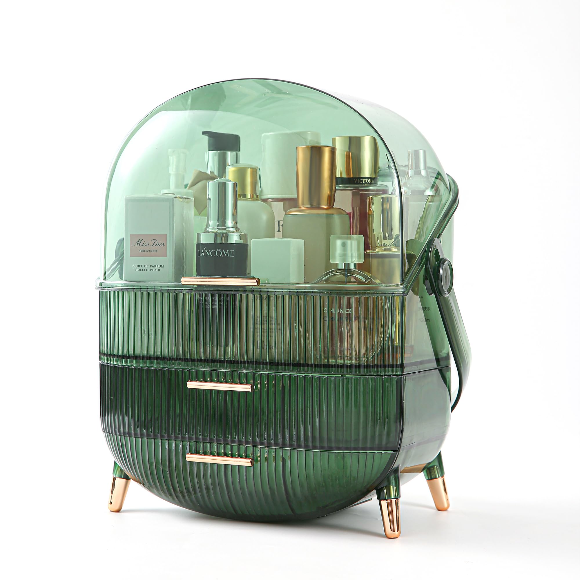 FSCGIFE Makeup Organizer for Vanity, Portable Make Up Organizers and Storage Cosmetics Skincare Organizer with Lid and Drawers, Cosmetic Display Cases for Dresser, Countertop (Green)