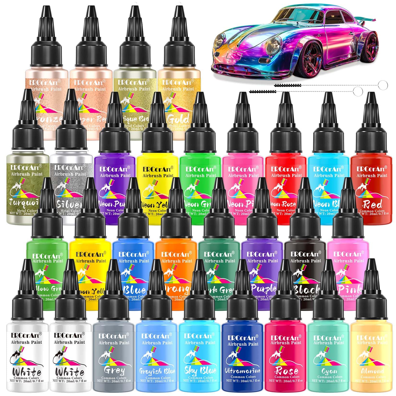 Colori per Aerografo - 30 Colori con 2 Pennelli, Aerografo per Modellismo, a Base D'acqua, Non Tossiche, Altamente Pigmentate, Set di Colori Acrilici per Legno, Modelli, Auto - 20 ml / Bottiglia