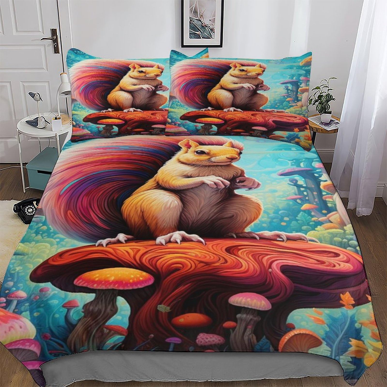 Parure de lit écureuil 3D avec housse de couette et taies microfibre double