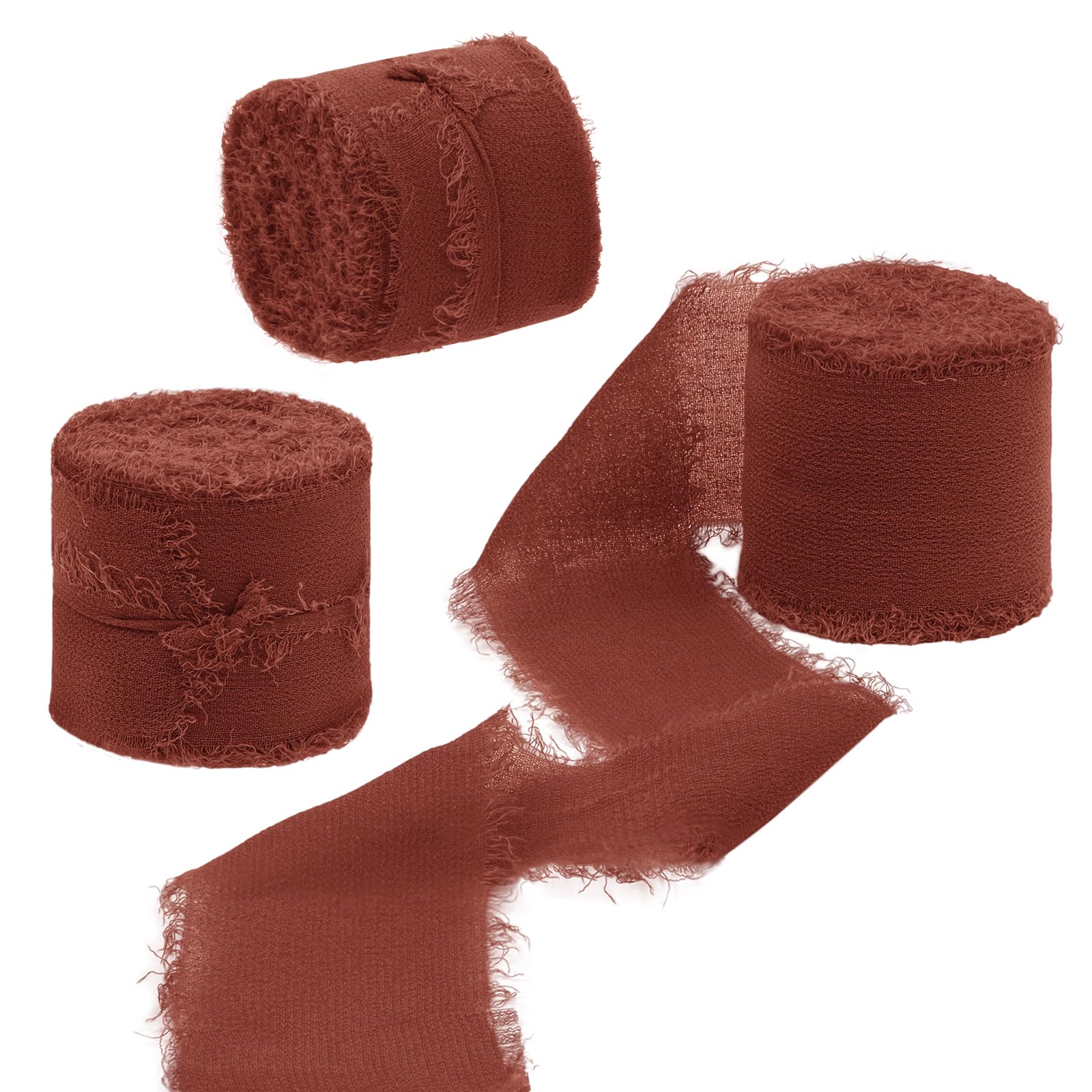 Uiopa 3 Rolls Chiffon Ribbon, 40mm x 15m(16.4 Yards) Frayed Edges Gift Wrapping Ribbon, Red Bean Paste Chiffon Silk Ribbons for Wedding Invitations, Bridal Bouquets, Wreath, Decoration, DIY Crafts