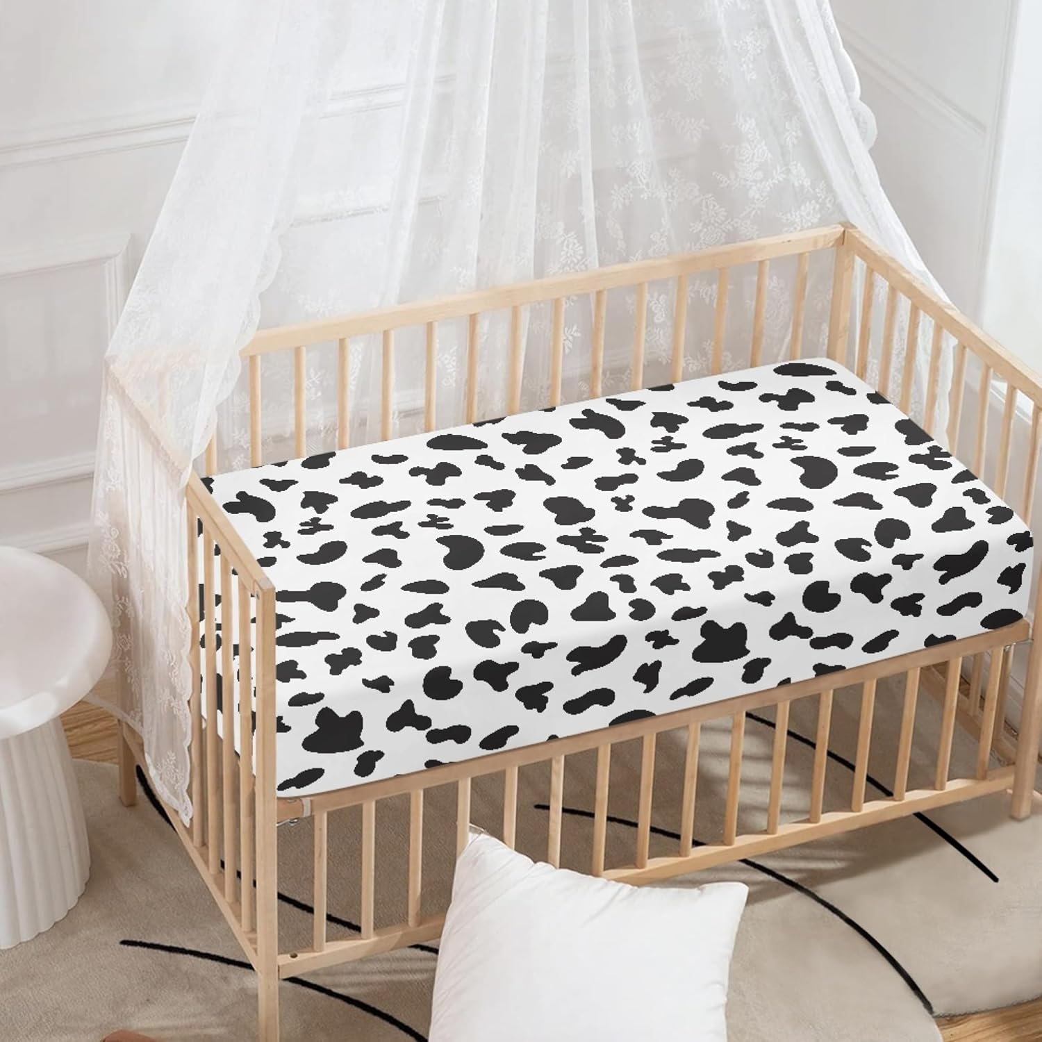 Cow Print Baby Crib Sheets for Boys Girls Black and White Fitted Crib Sheet for Standard Crib and Toddler Mattress Cute Animal Skin Baby Mattress Sheets Toddler Bed Sheet 52x28x8 in