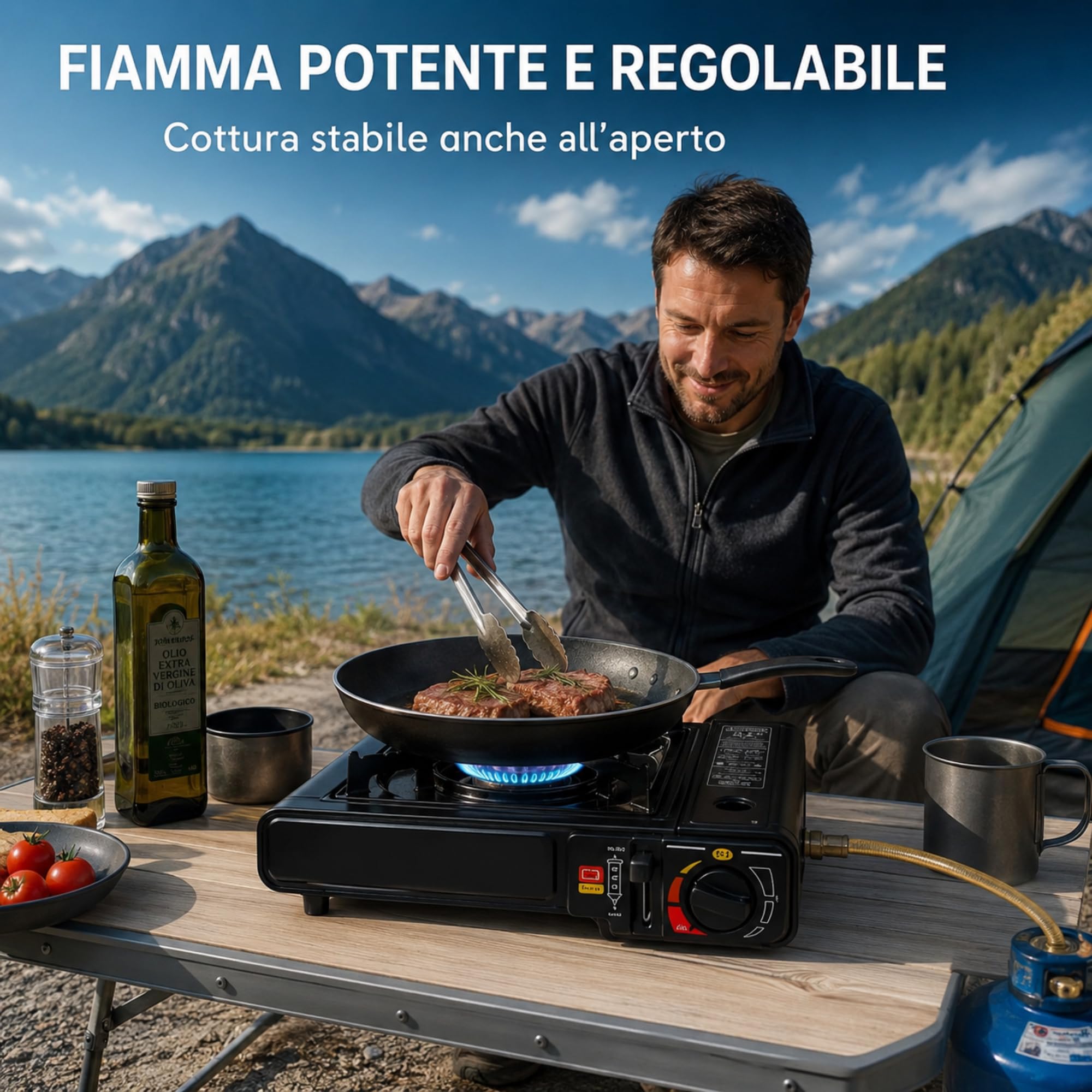 Fornello da Campeggio a Gas Portatile con Doppio Attacco Butano o GPL - Fiamma INTENSA e REGOLABILE - Valigetta Rigida - Fornello a Gas per Campeggio, Outdoor, Trekking, Camper e Altro