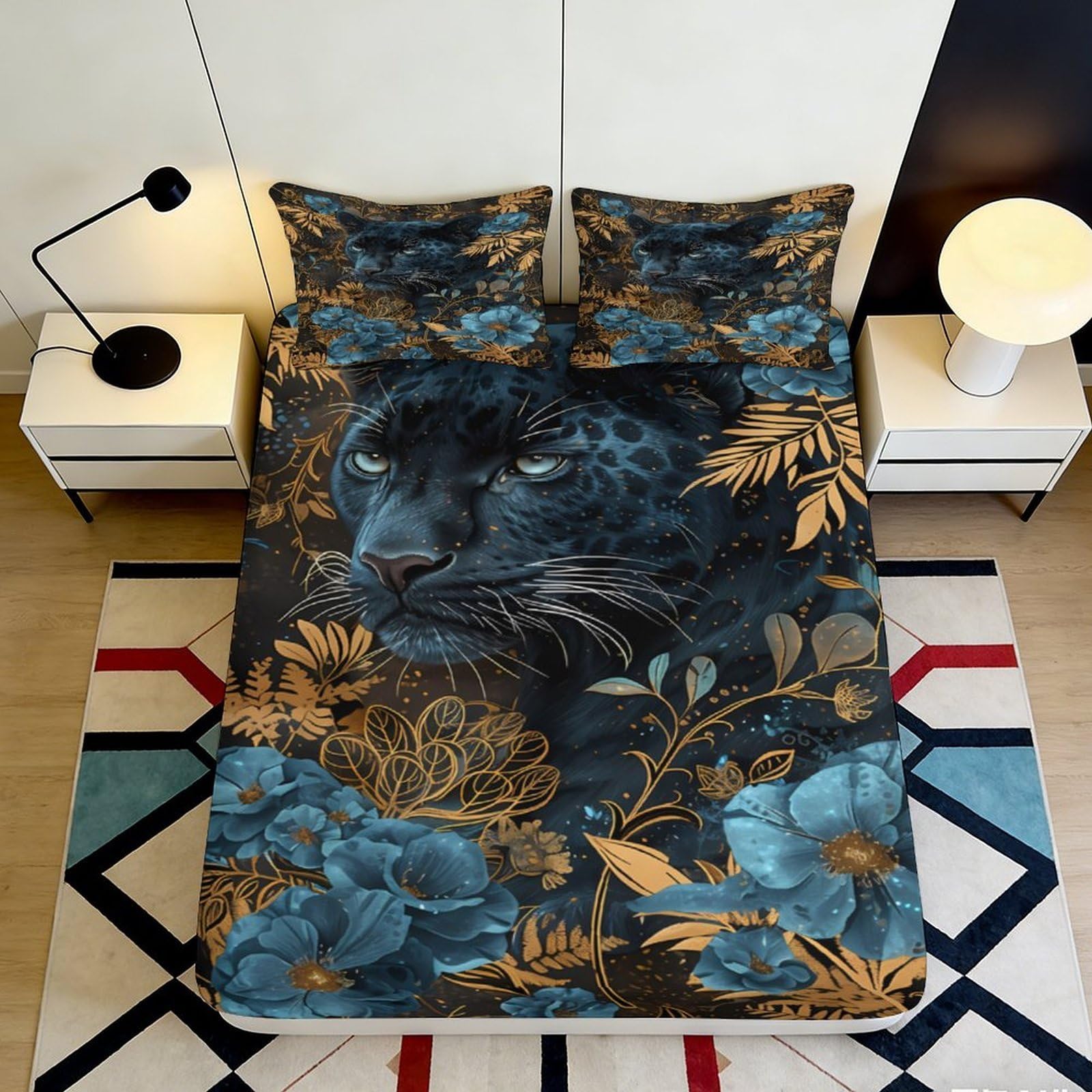 3D Printed Black Panther Floral Fitted Sheet Microfiber Soft Breathable Jungle Pattern Bed Cover for Bedroom Dormitory Guest Room Mattress Protection 160x200x25cm