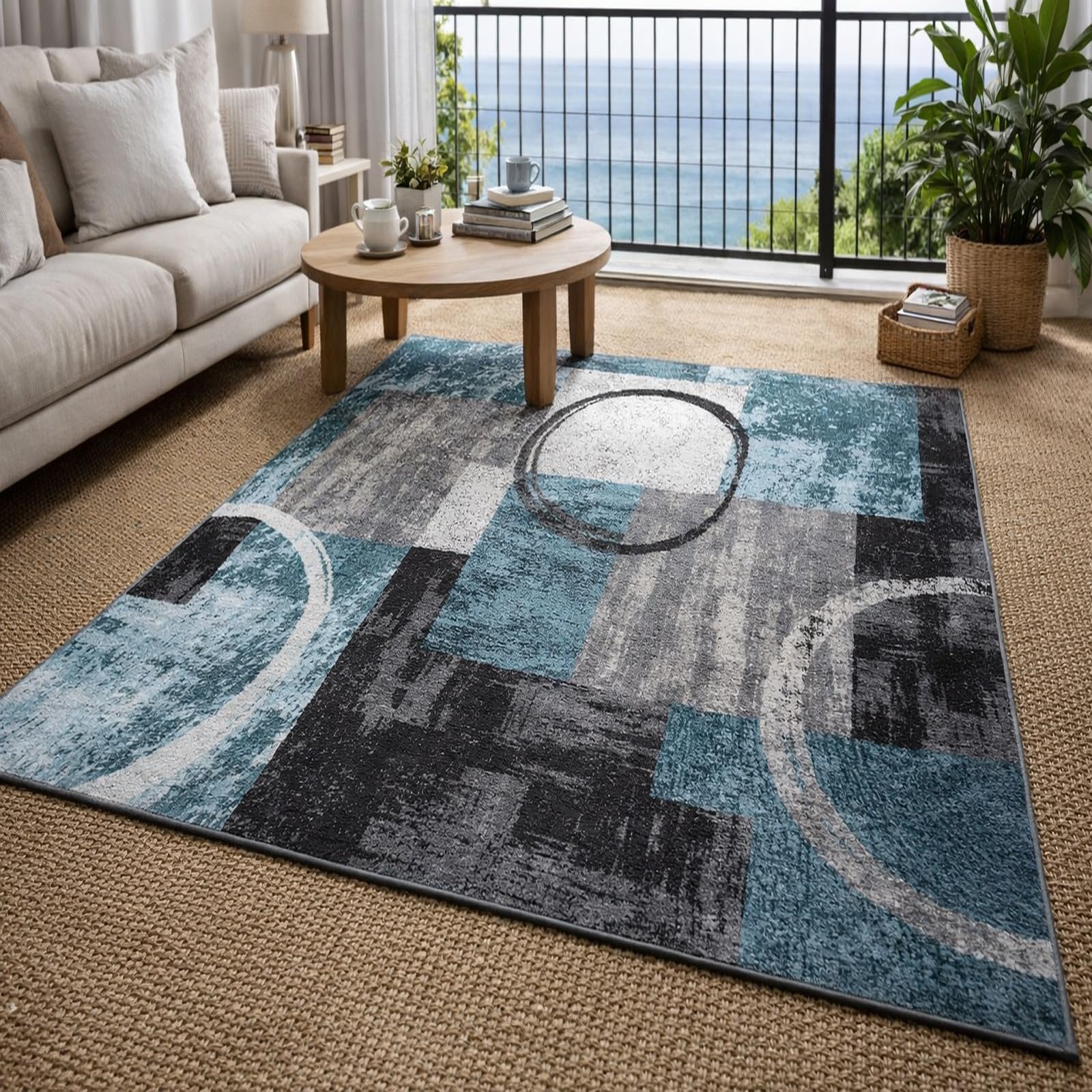 Tapis géométrique abstrait moderne 150x150 cm carré vert et gris lavable