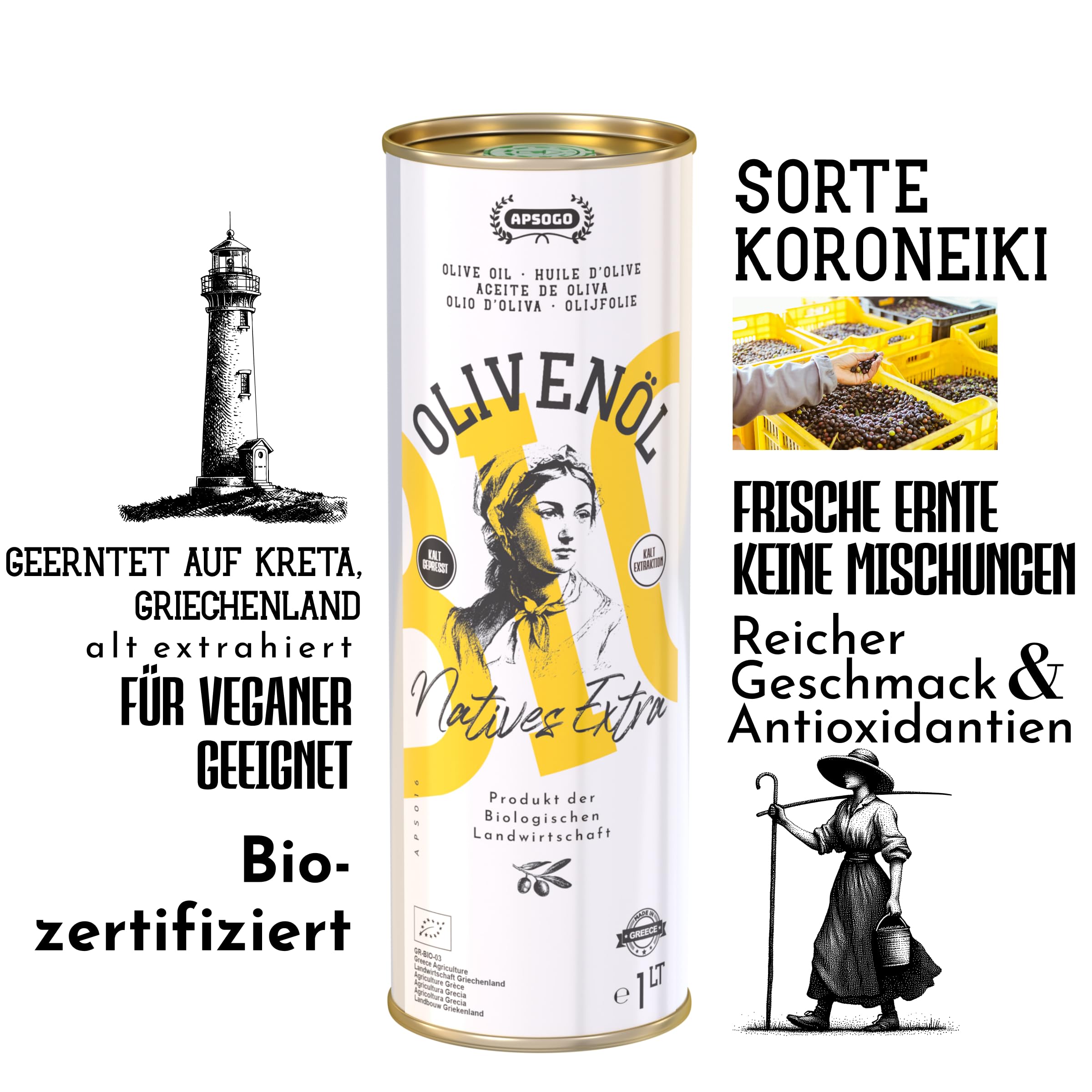APSOGO Bio Olivenöl Nativ Extra 1L – Kaltextrahiertes Olivenöl aus Kreta, Griechenland – reich an Polyphenolen – Extra Virgin Olive Oil