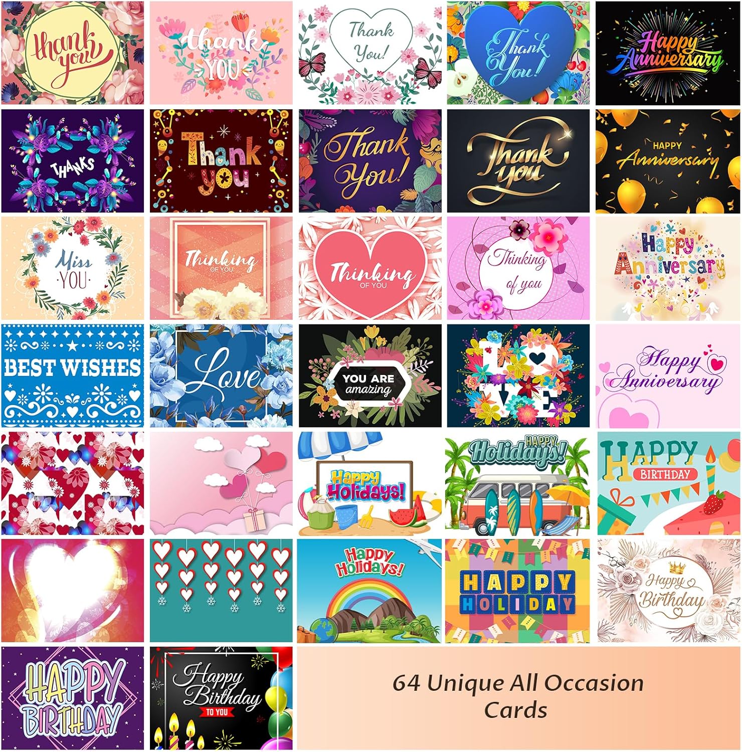 64 Pack All Occasion Cards Assortment Box with Envelopes & Stickers, 4×6 Inch Assorted Blank Greeting Cards for Birthday, Holiday, Love, Anniversary, Thinking of You, Thank You Cards - Image 3