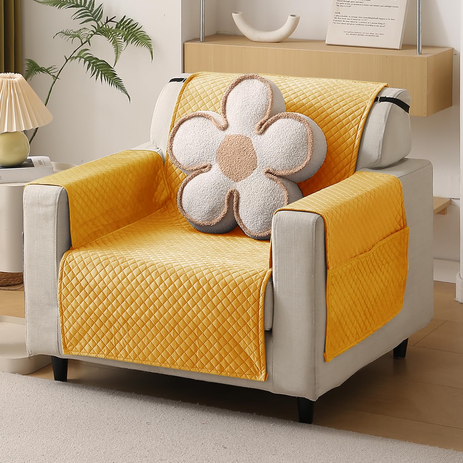 HOKIPO Quilted Velvet Sofa Cover with Pockets for 1 Seater, Mustard Yellow (NEW-764)-image-39