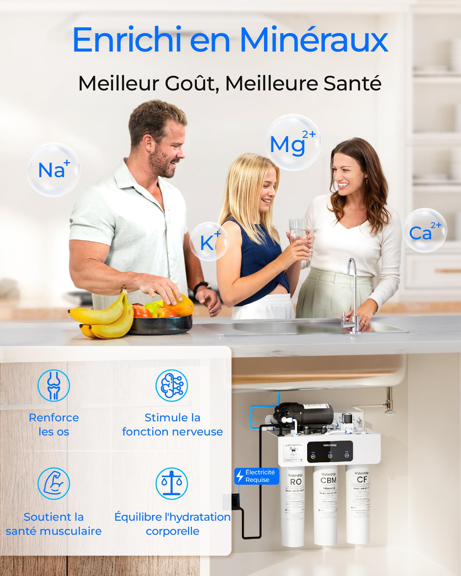 Waterdrop T3-M Système d'Osmose Inverse Reminéralisant sans Réservoir, Certifié NSF/ANSI 372, Filtre à Eau RO à 9 Étapes, 450 GPD, Ratio Eau Pure/Eau de Rejet de 2:1, Raccordement Électrique Requis