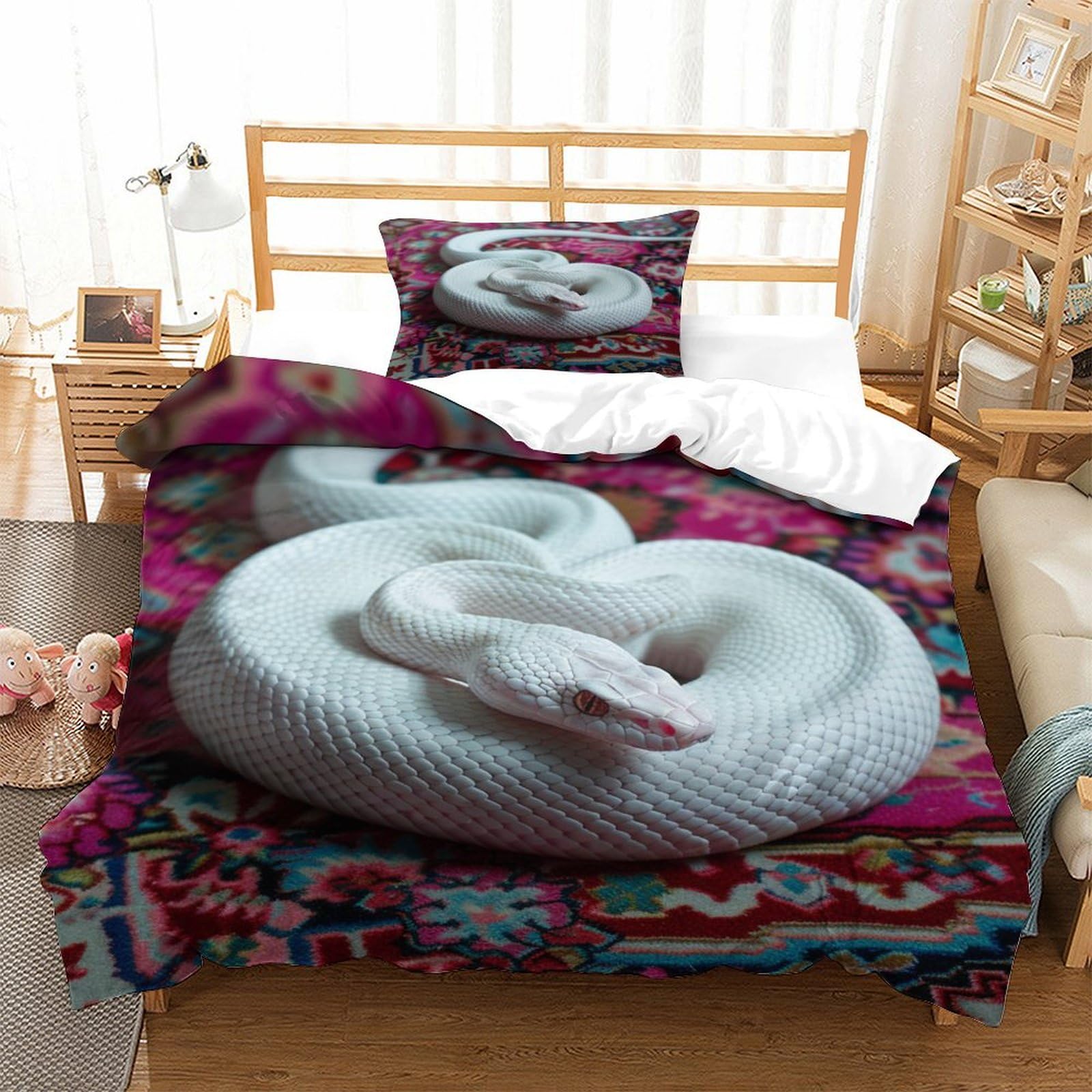 P1S9U7W5Y 3D Printed White Snake Pattern Duvet Cover Set 3pcs Microfiber Realistic Snake Bedding Set Single（135x200cm）