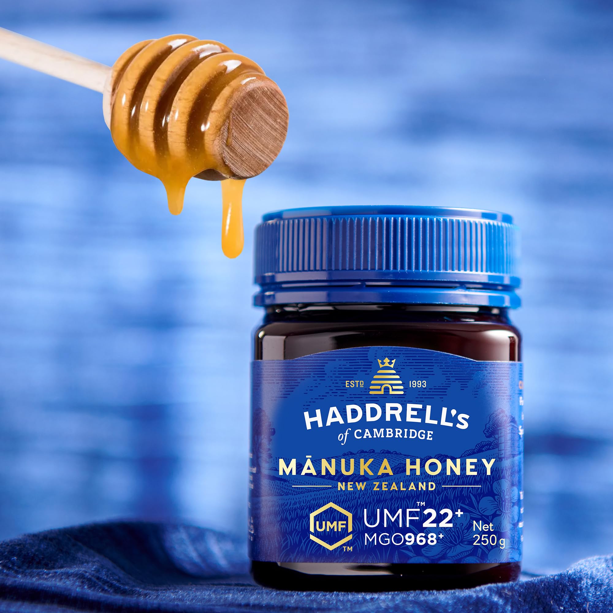 Haddrell's of Cambridge Miele di Manuka MGO 1000 circa (UMF 22+) 250g – Miele premium dalla Nuova Zelanda – Certificato, grezzo e sostenibile – Ricco di metilgliossale con alto contenuto di MGO