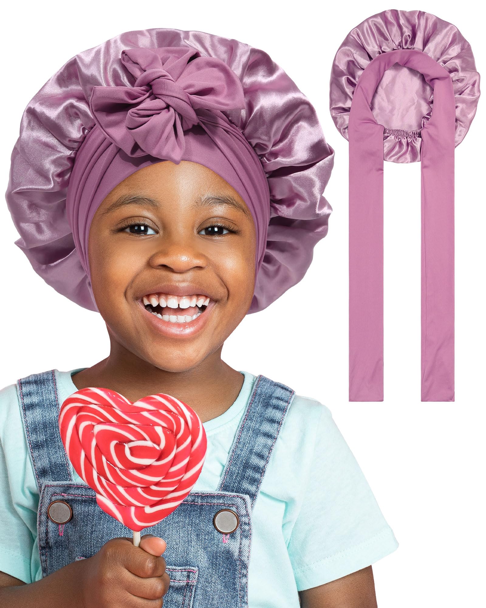 AWAYTRSatin Bonnet for Kids Silk Bonnets for Sleeping Curly Hair Bonnet with Tie Band Double Layer Sleep Cap for Girls Boys
