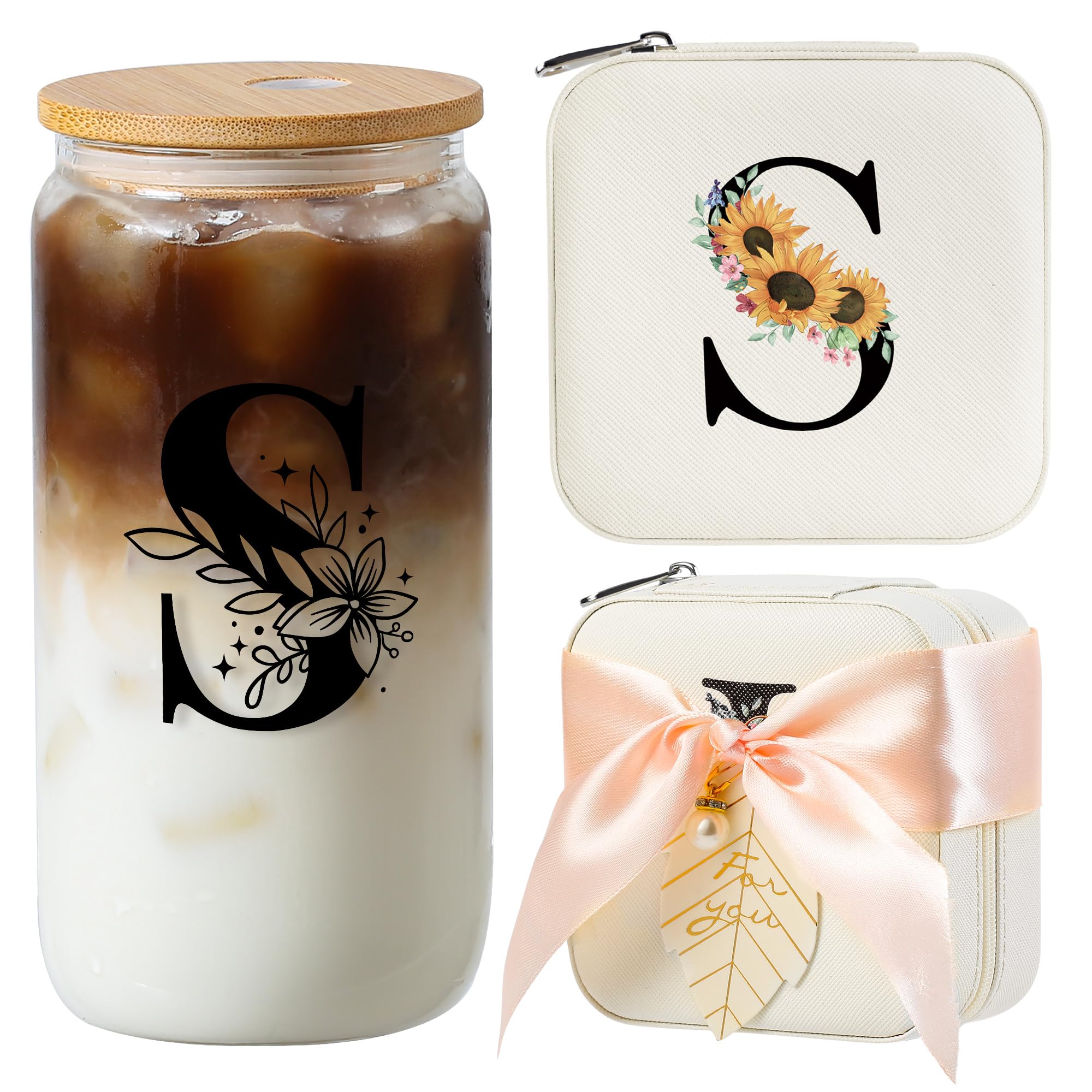 AYGXU Initial glass cups with lids and straws personalized gifts for women iced coffee cups small jewelry box