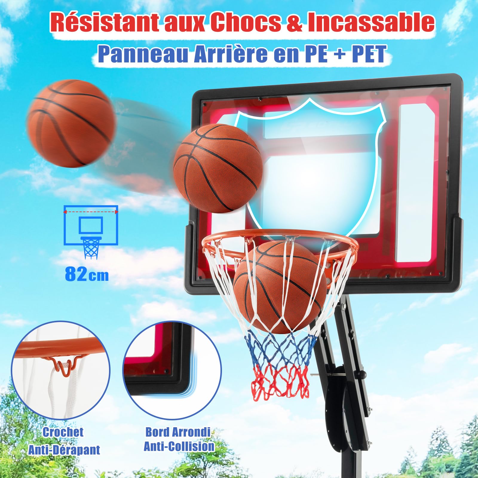 COSTWAY Panier de Basketball sur Pieds avec Hauteur Réglable de 1,55 à 3,1 m, Support de Basketball Portable avec Panneau Arrière en Pet, Base Stable, Intérieure Extérieure pour Enfants et Jeunes