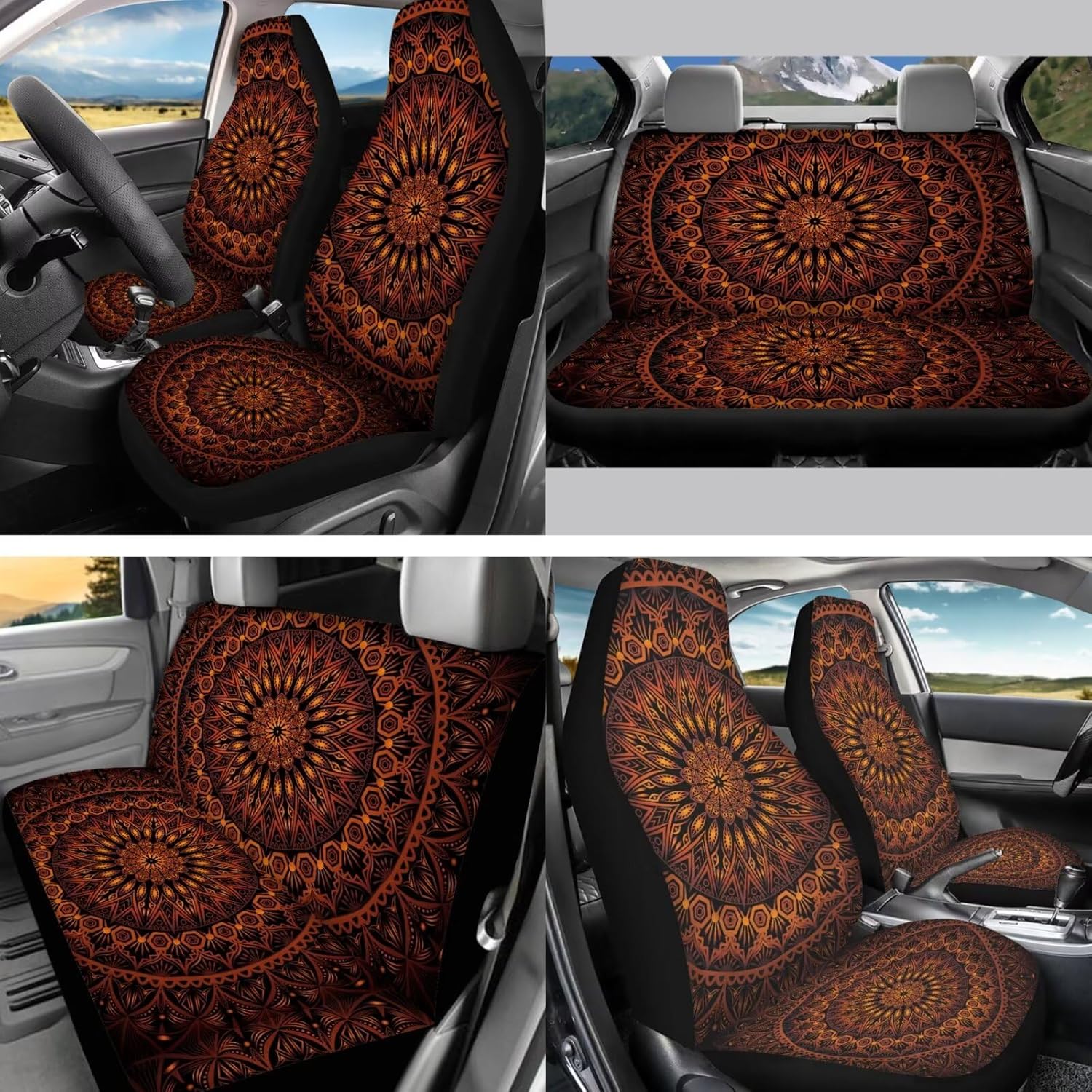 14 Pcs Orange Mandala Car Seat Covers Full Set with Steering Wheel Cover Orange Seat Belt Covers for Cars Armrest Cushion Protector Floral Automotive Interior Accessories Unverisal Fit SUV