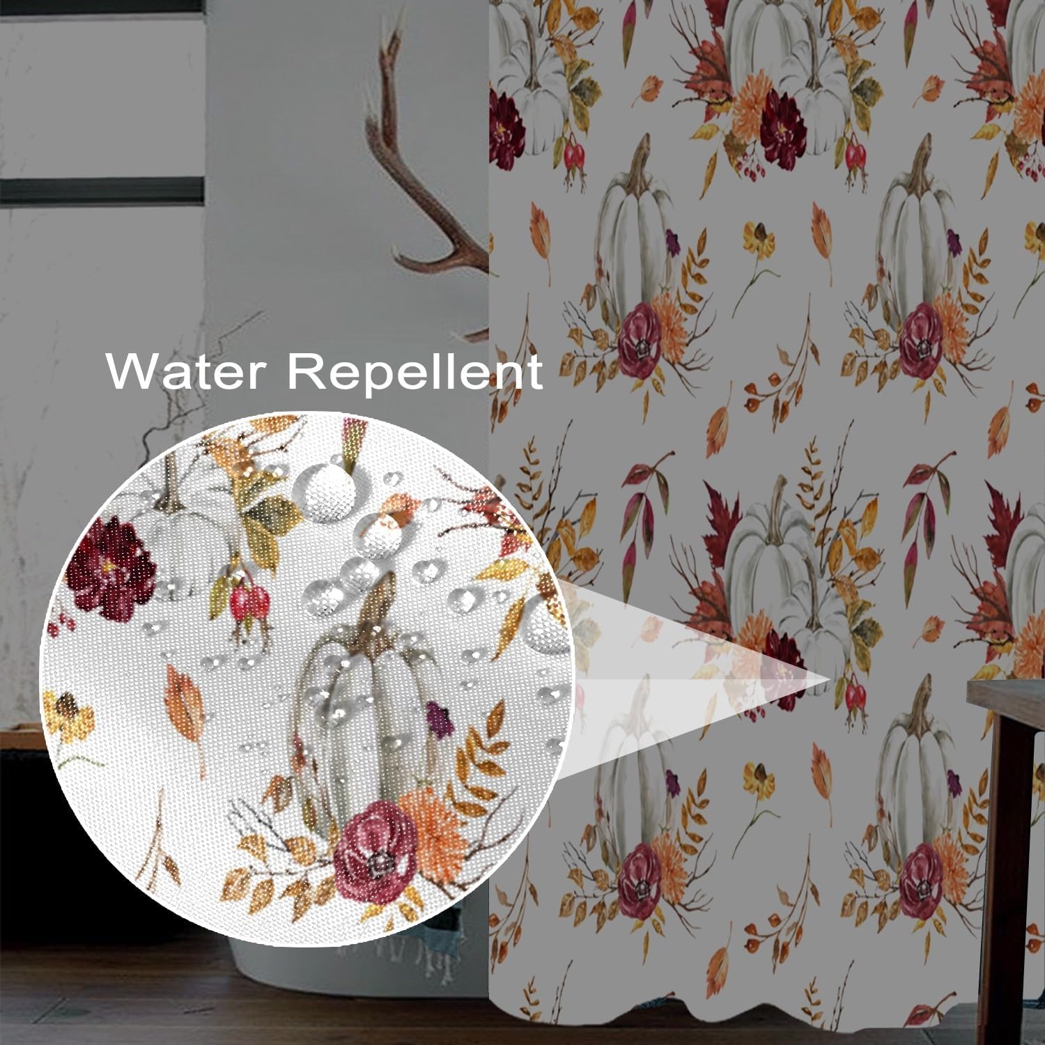 Fall Pumpkins Shower Curtain 72x72inches Autumn Thanksgiving Harvest Shower Curtain Set with Hooks Burgundy Orange Flowers Leaves Waterproof Fabric Shower Curtains for Bathroom