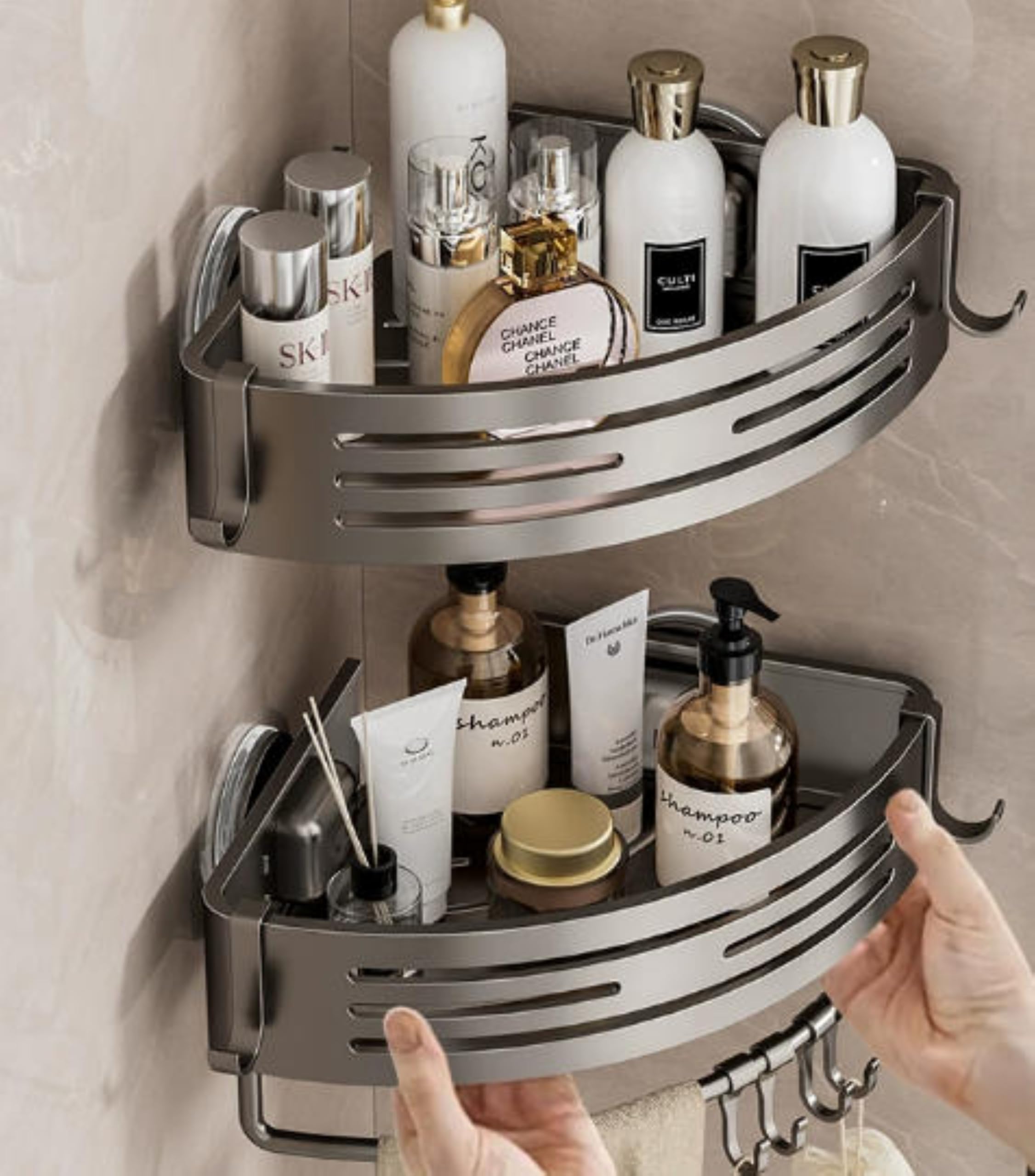 UKKA HOME Suction Cup Corner Shower Caddy with Hooks and Towel Bar for Bathroom Aluminum Reusable Rustproof No