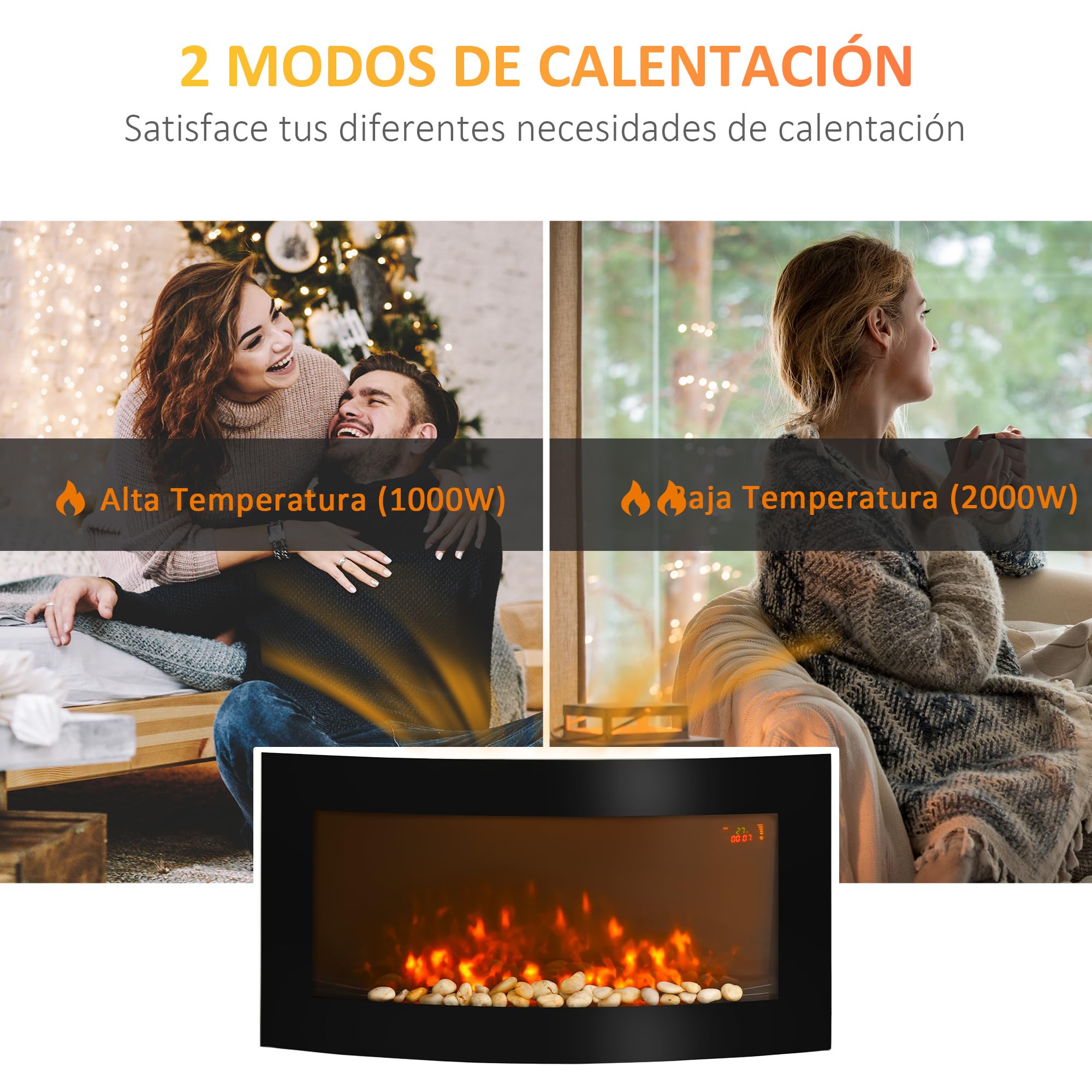 HOMCOM Chimenea Eléctrica 1000W/2000W Decorativa de Pared con Temperatura Ajustable Mando a Distancia Negro 89,2x13,5x48 cm