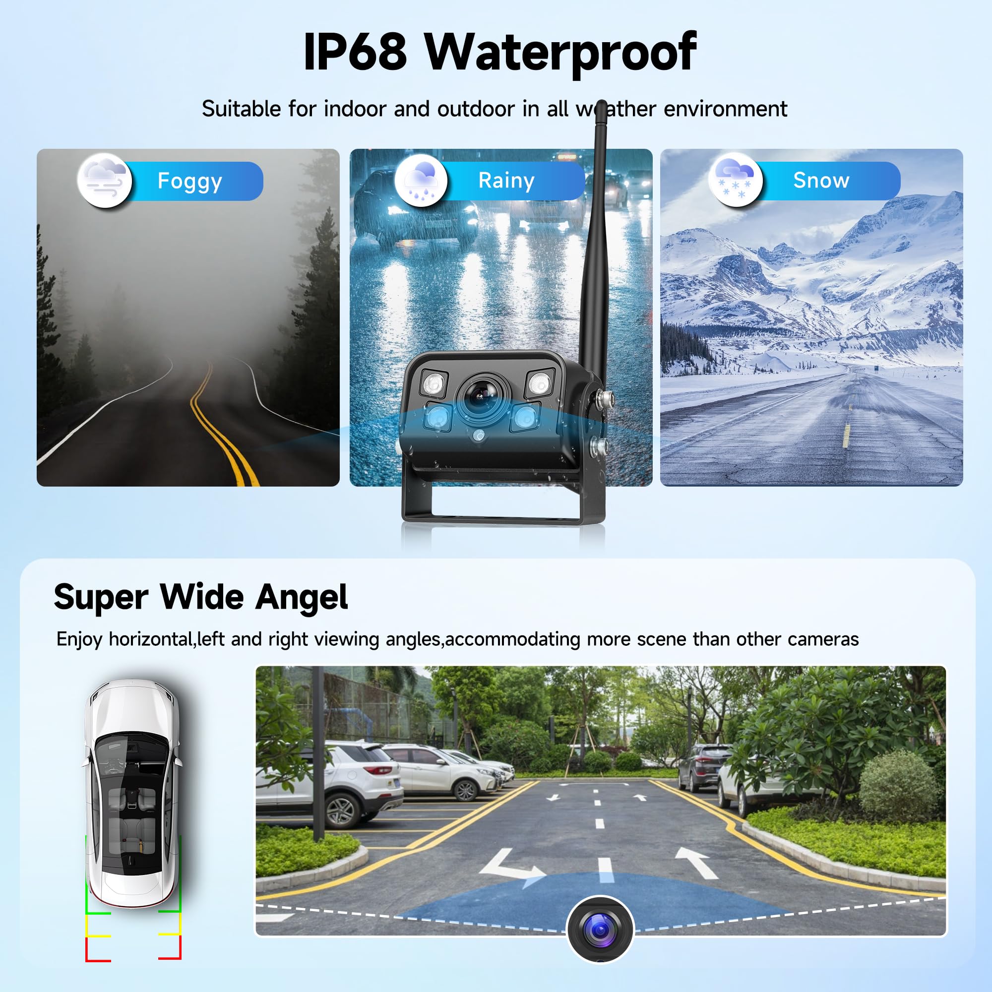 Bezprzewodowa cyfrowa kamera 1 kamera tylna z monitorem IPS 9 cali, wodoodporna kamera cofania IP68, BSD, noktowizor, flip, pętla wideo, do ciężarówek/przyczep kempingowych/kamperów/autobusów