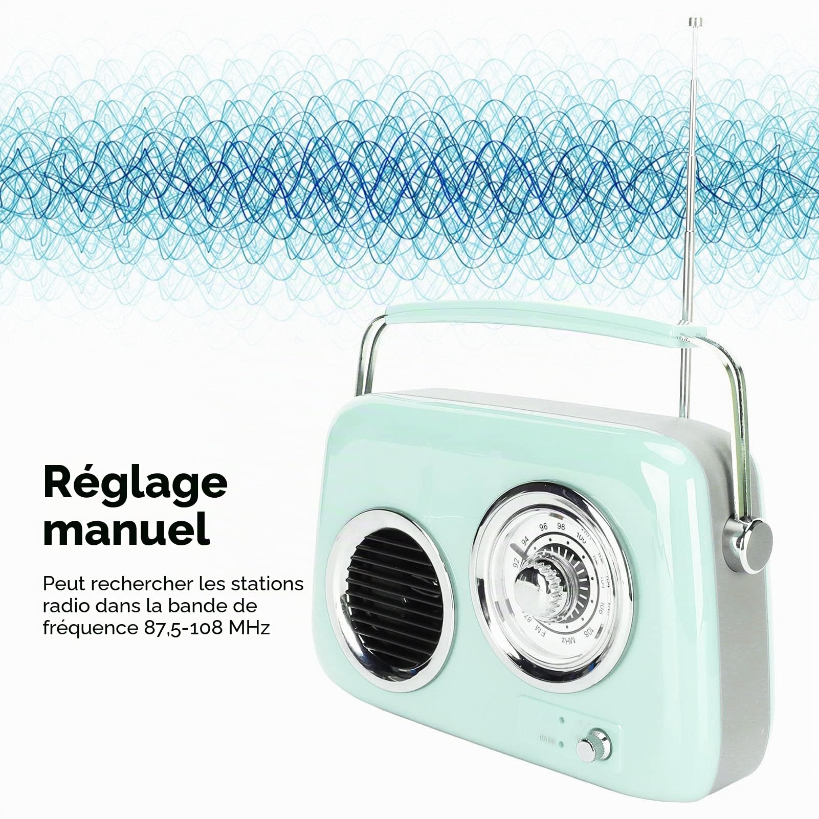 Haut-Parleur Bluetooth Radio Rétro Vintage Portable, Style Ancien HiFi Stéréo, Batterie 1500 MAh pour Voyage, Maison, Plage, Cuisine (Menthe Verte)