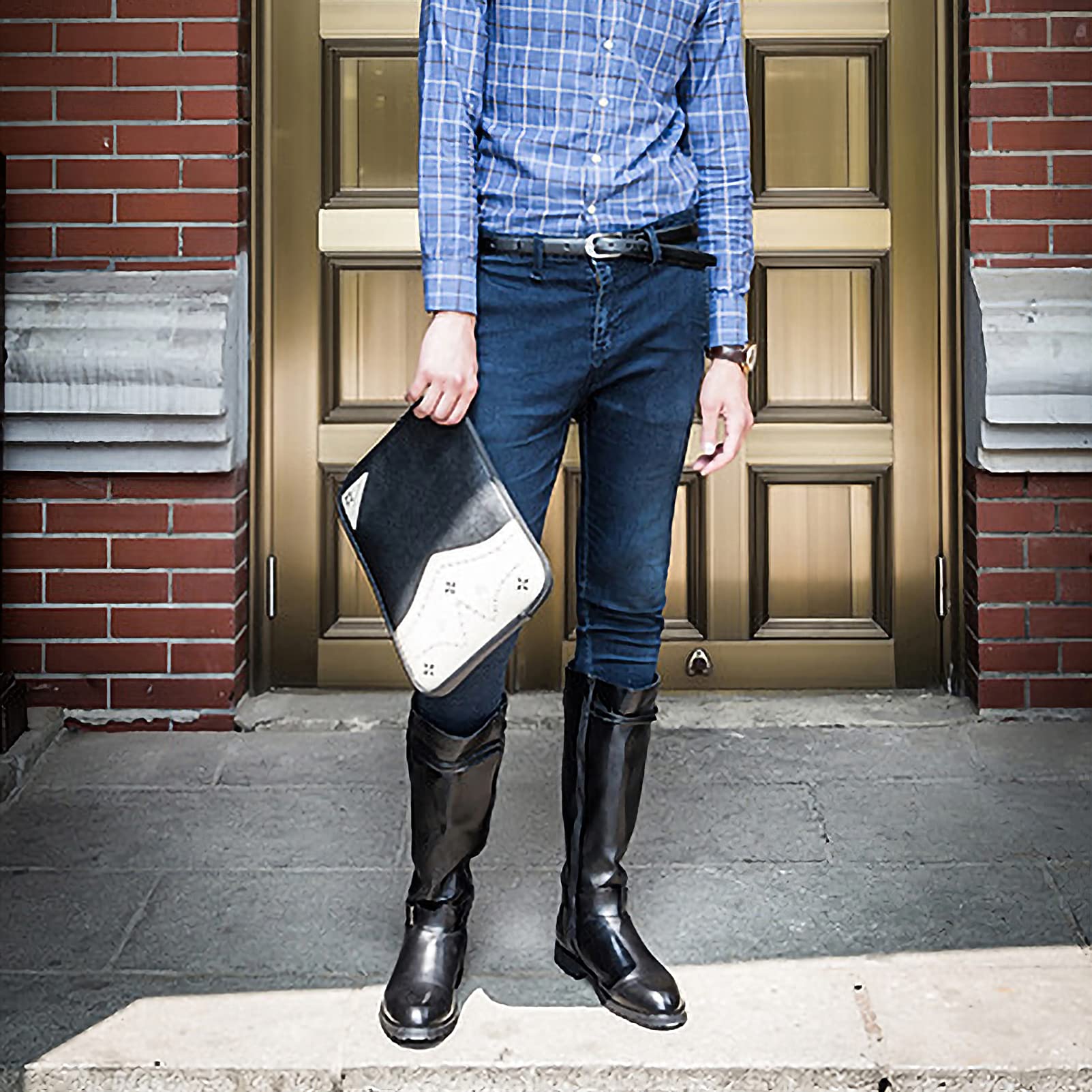 ANUFER Hommes Sous le Genou Bottes de Chevalier Cuir Microfibre Fermeture éclair Cowboy Bottes D'équitation