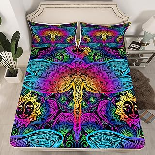Erosebridal Colored Dragonfly Sheet Set Mexican Style Fitted Sheet TwinXL Size Paisley Flower Bed Sheet for Child Teens,Exotic Bed Cover Moroccan Aztec Bedroom Decor Blue